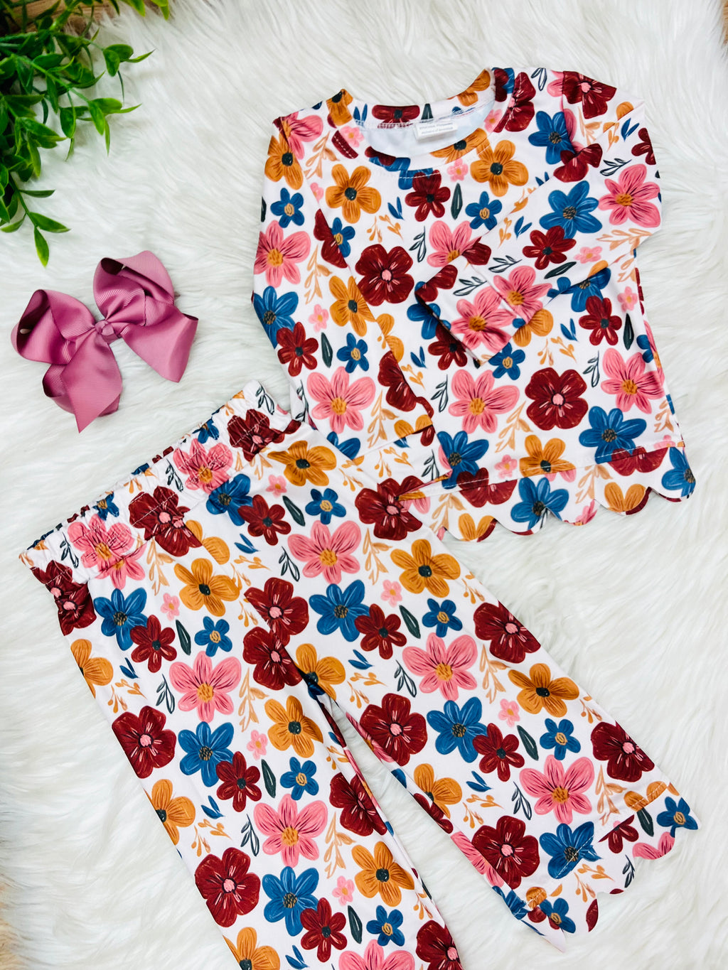 Girl’s Fall Floral Pant Outfit with Scalloped Trim