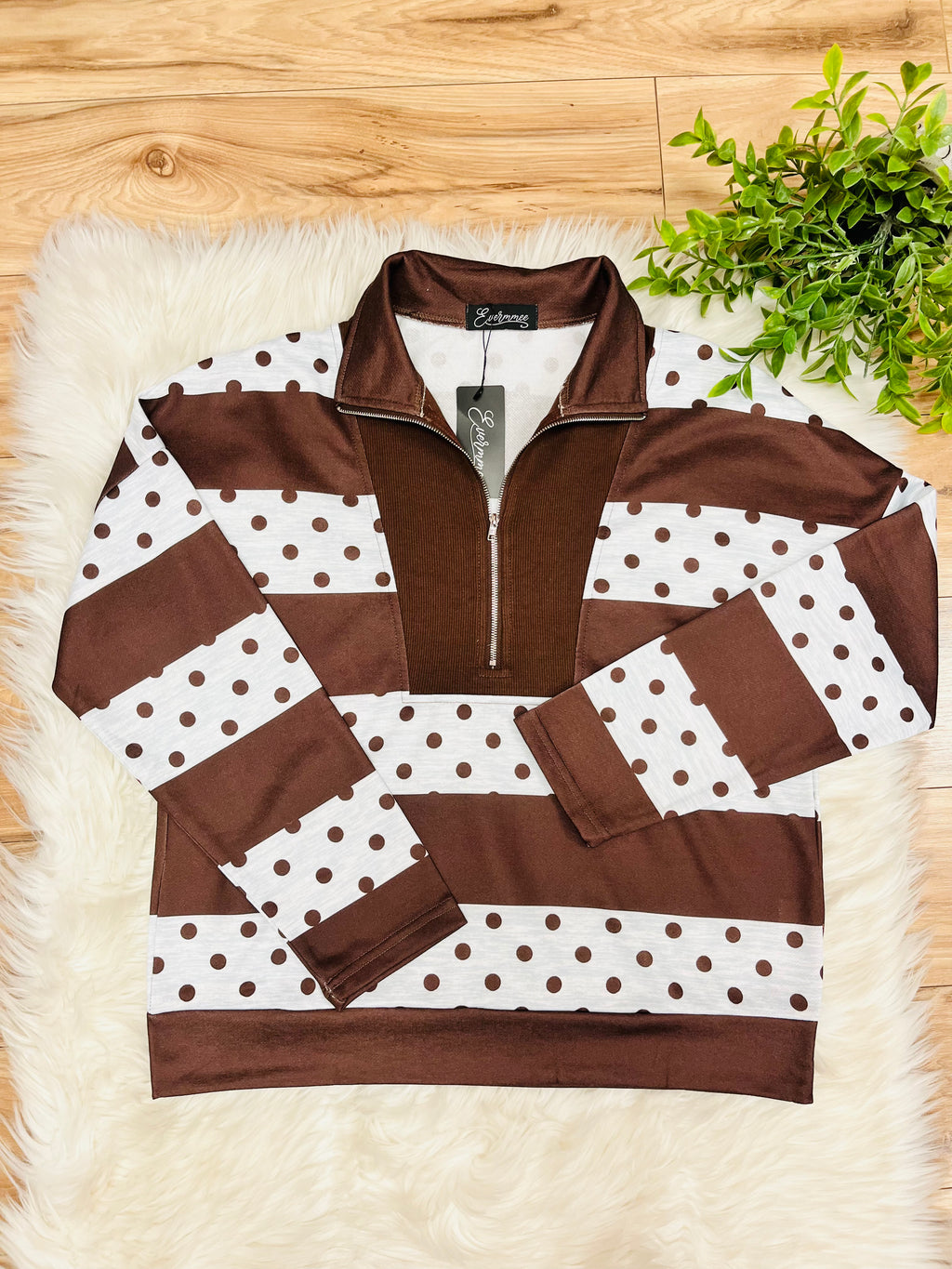 Women’s Brown Half Zip Stripe Top with Polka Dots- True to Size