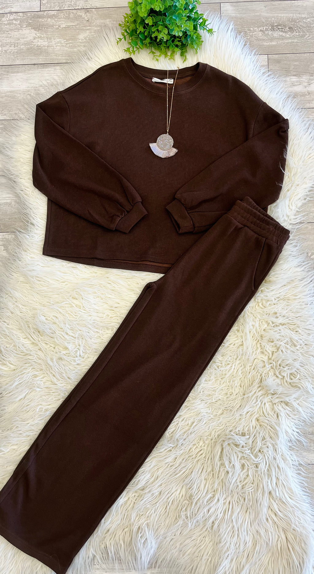 Women’s Zenana Chocolate Long Sleeve Two Piece Set - True to size