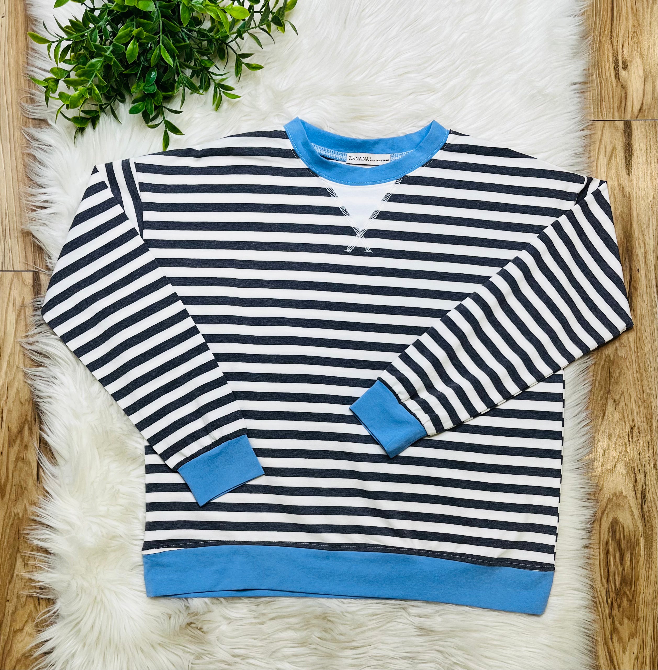 Women’s Charcoal and Cornflower Blue Stripe Top- Loose Fit