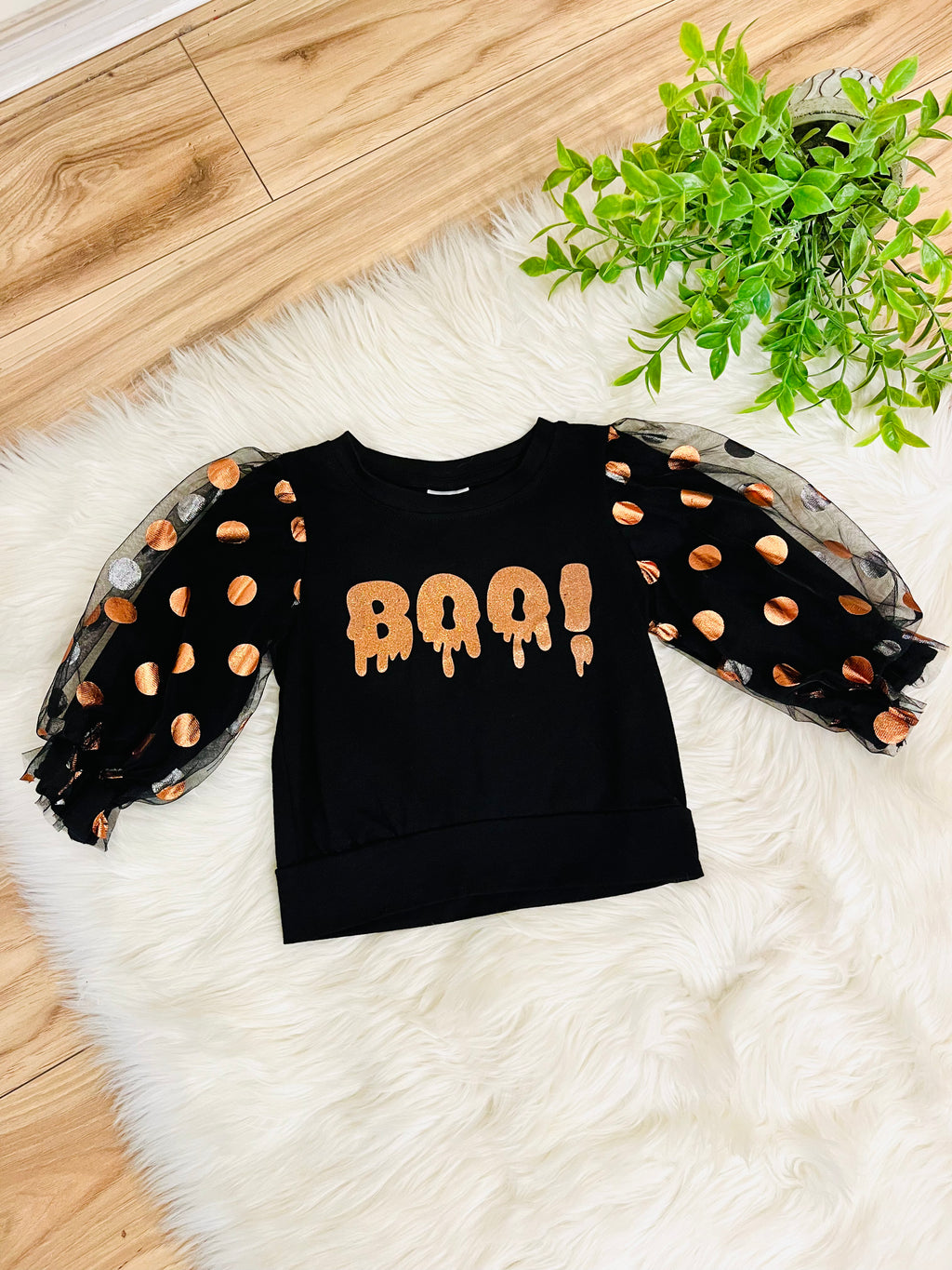 Girls Black and Orange Boo Polka Dot Top