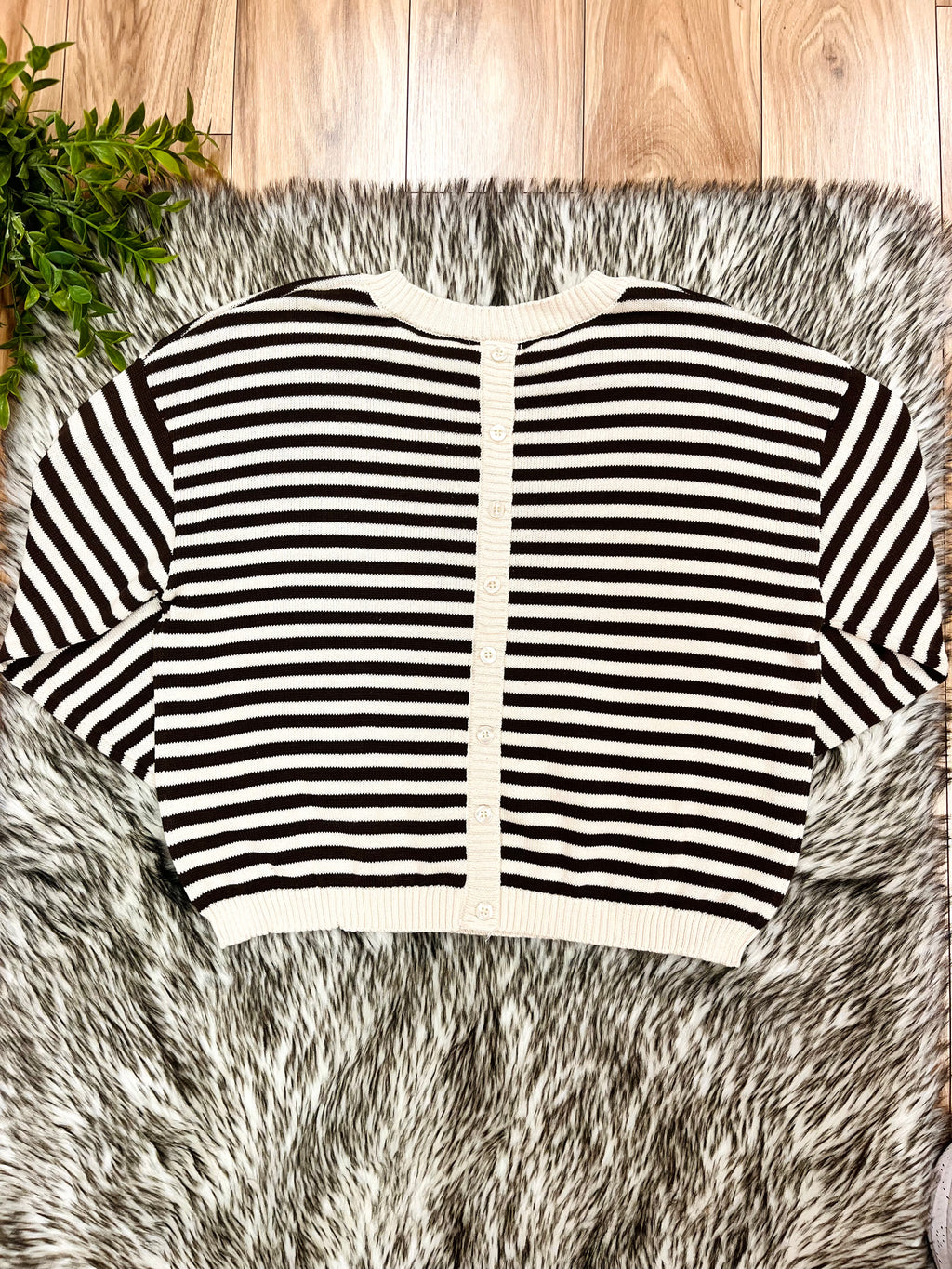 Women’s Stripe Dark Brown & Cream Relaxed Sweater Top by Blu Pepper- Loose Fit