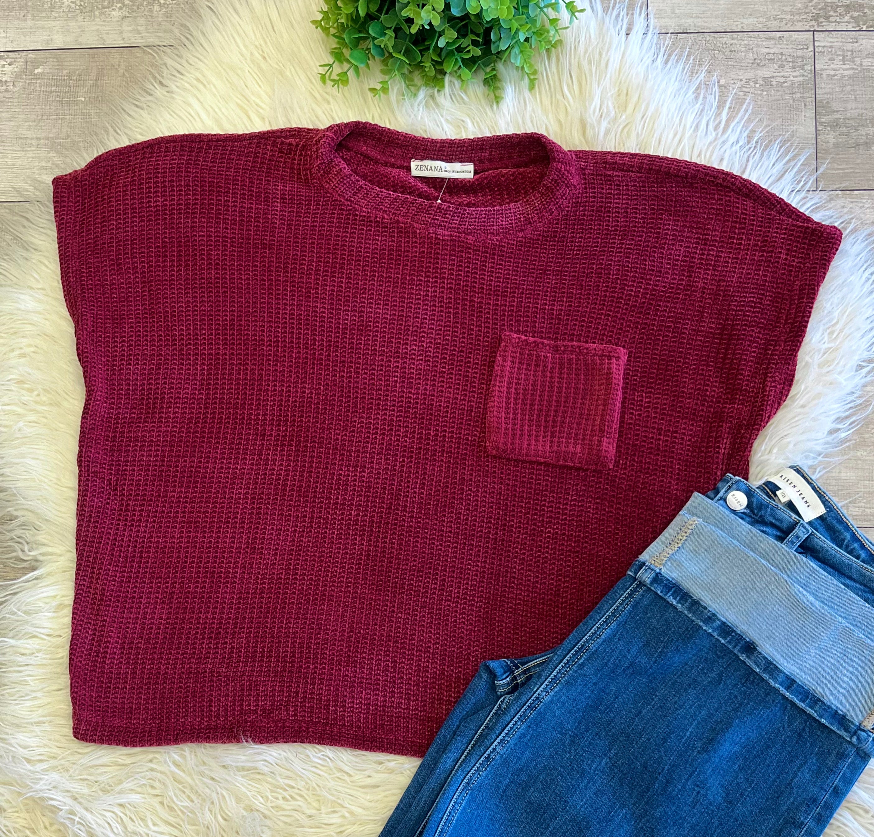 Women’s Zenana Soft Waffle Knit Pocket Top In Dark Burgundy - Oversized