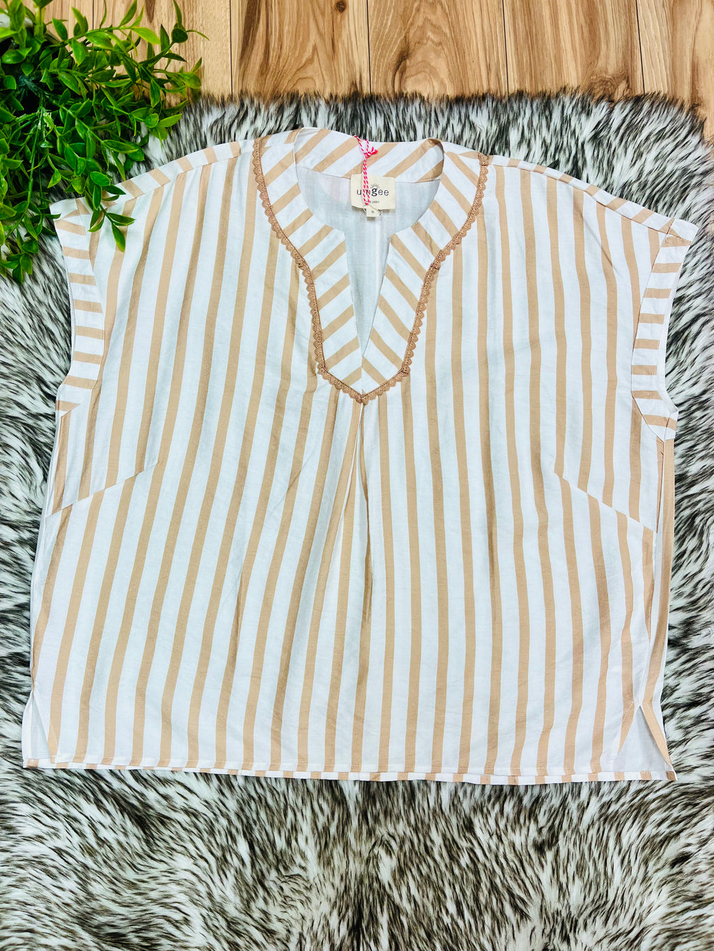 Women’s Umgee Latte Stripe V Neck Top with Lace Trim- Oversized