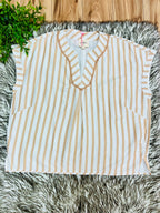 Women’s Umgee Latte Stripe V Neck Top with Lace Trim- Oversized