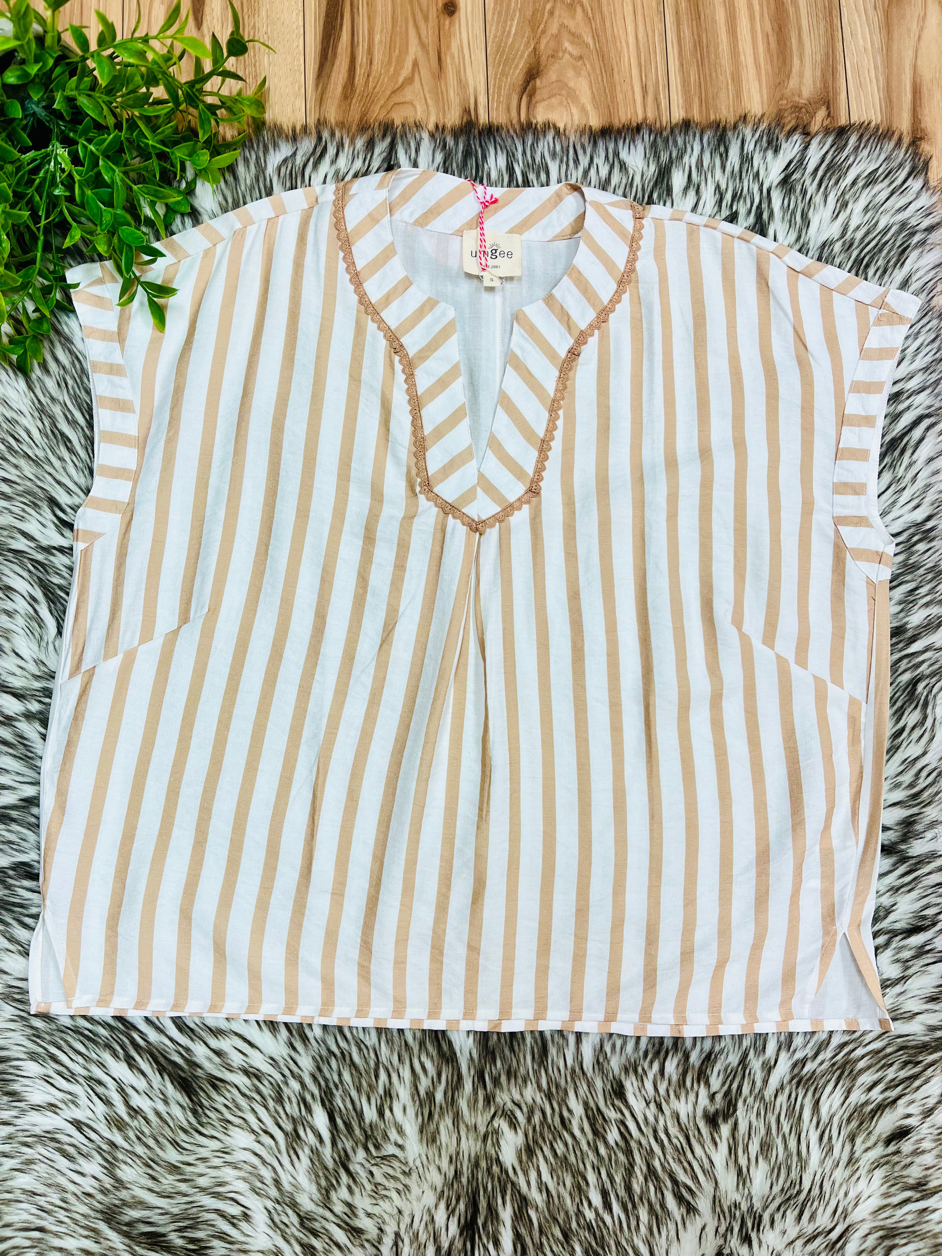 Women’s Umgee Latte Stripe V Neck Top with Lace Trim- Oversized