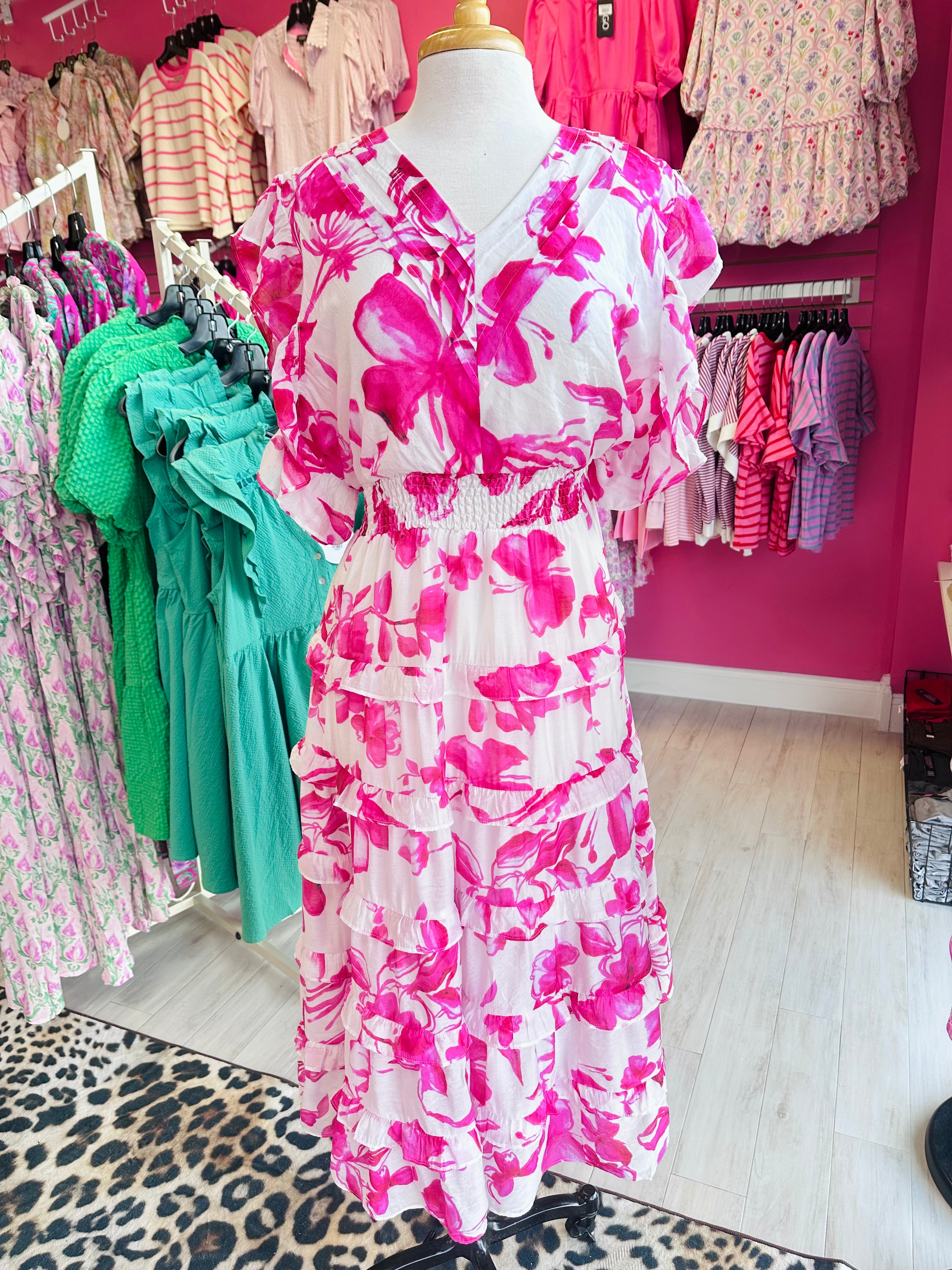Women’s Curvy Floral Print Pleated V Neck Ruffle Dress