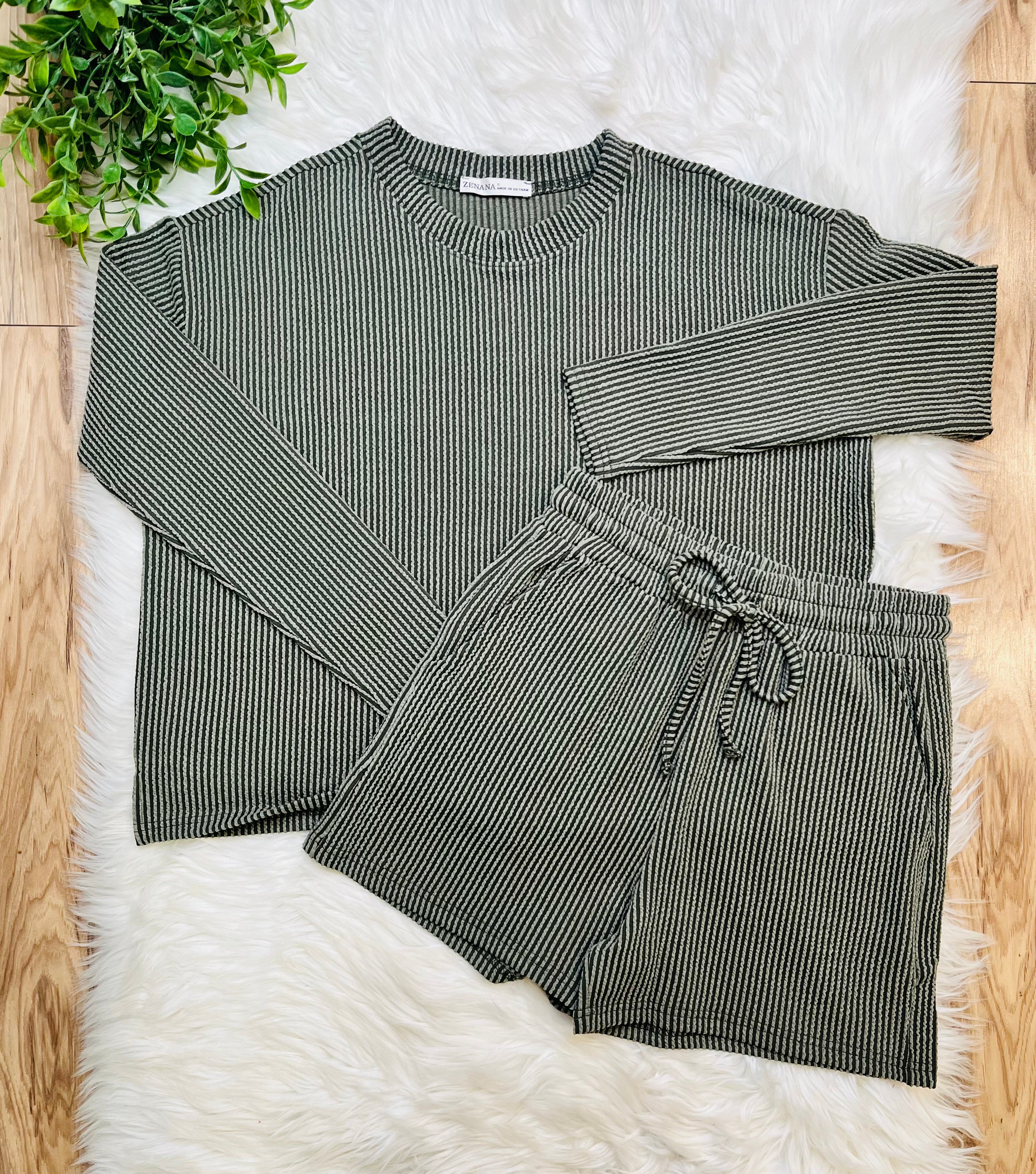 Women’s Zenana Olive Ribbed Short Set