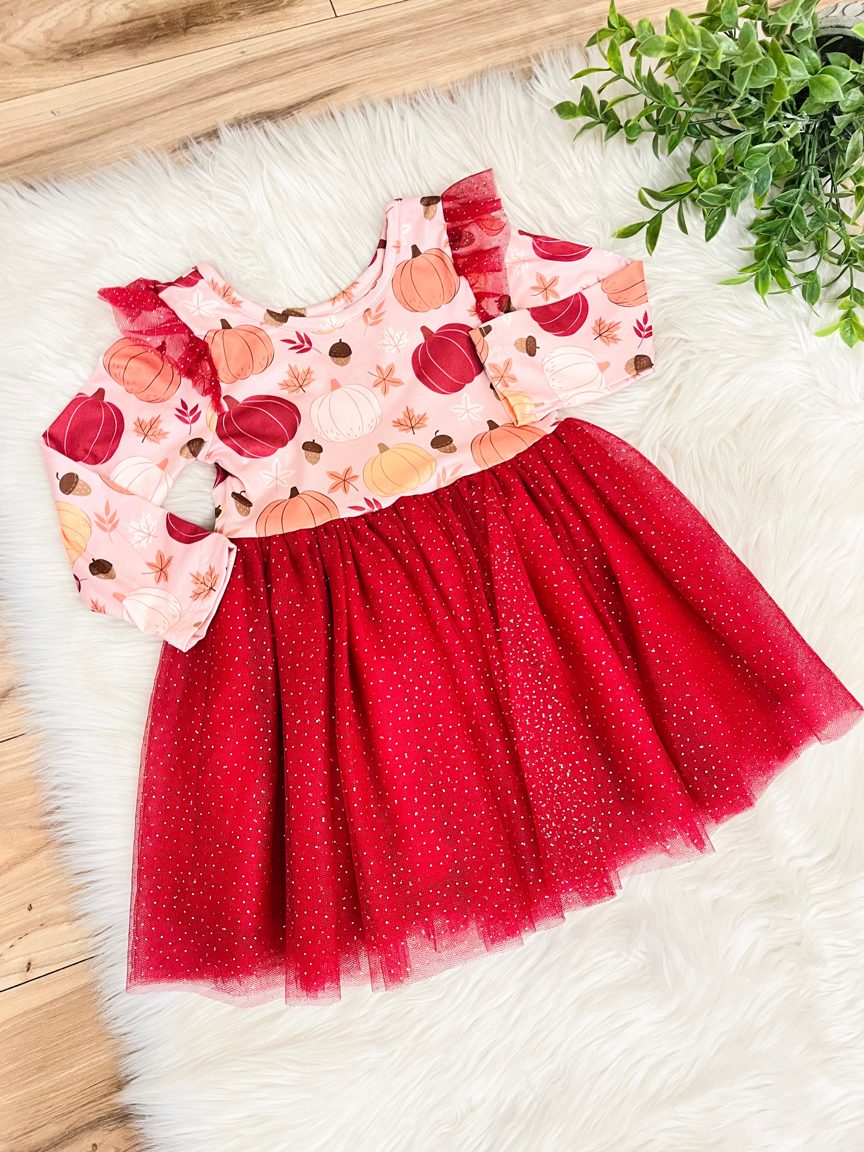 Girls Pumpkin Dress with Burgundy Lace Detail