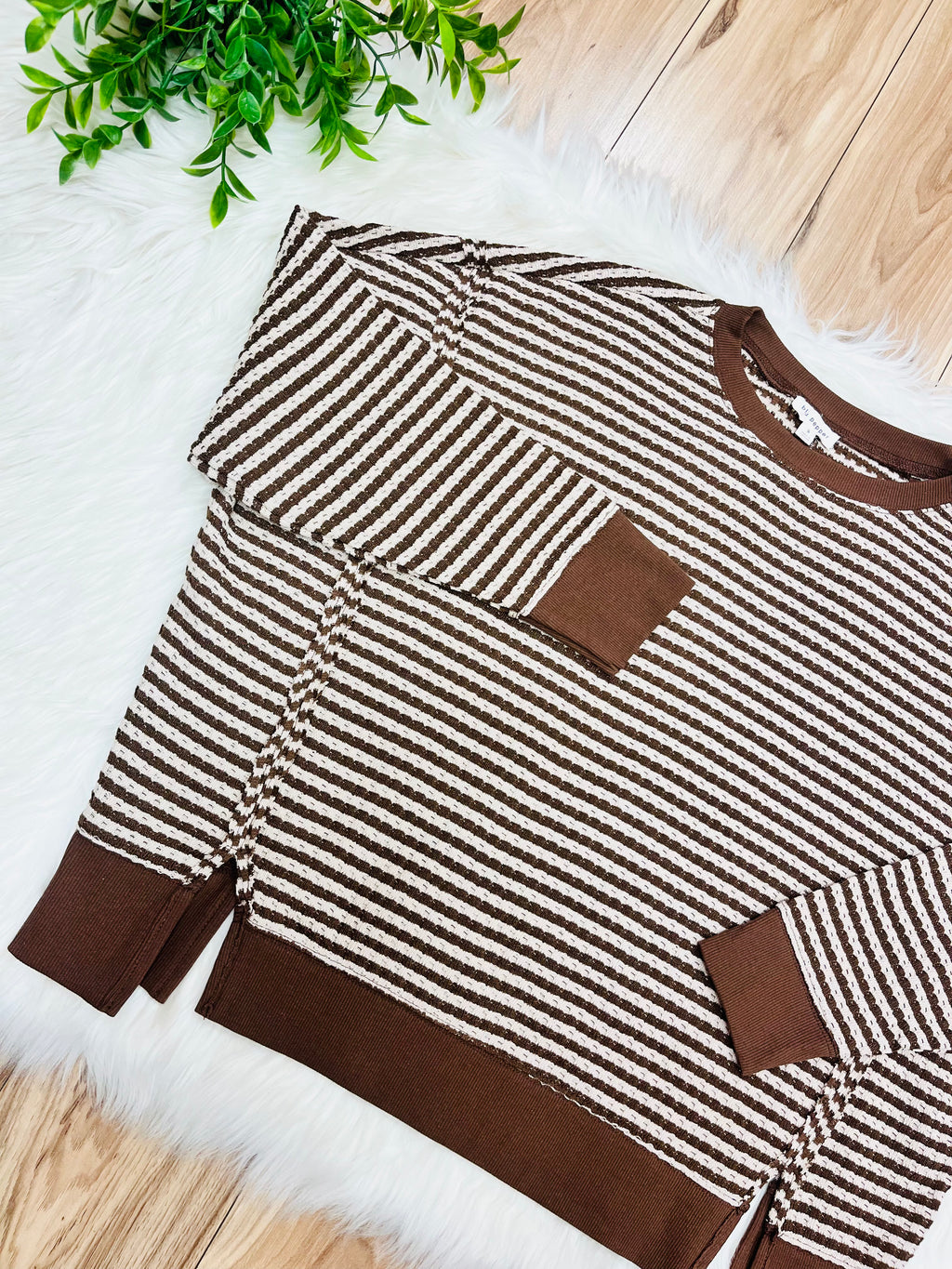 Women’s Mocha Brown Stripe Exposed Seam Split Hem Top by Blu Pepper- Loose Fit
