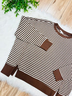 Women’s Mocha Brown Stripe Exposed Seam Split Hem Top by Blu Pepper- Loose Fit