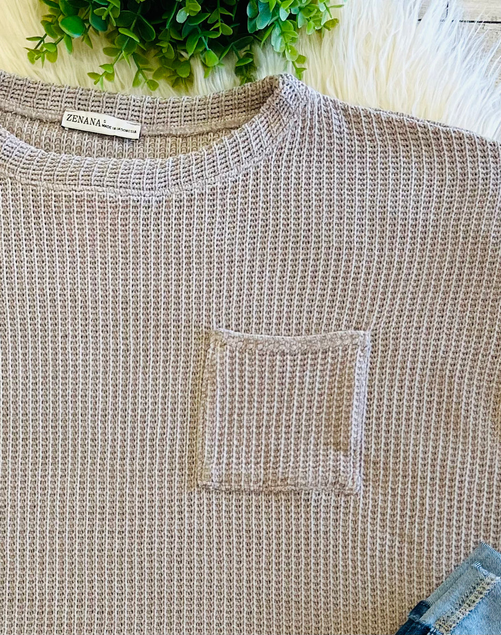 Women’s Zenana Soft Waffle Knit Pocket Top In Ash Mocha - Oversized