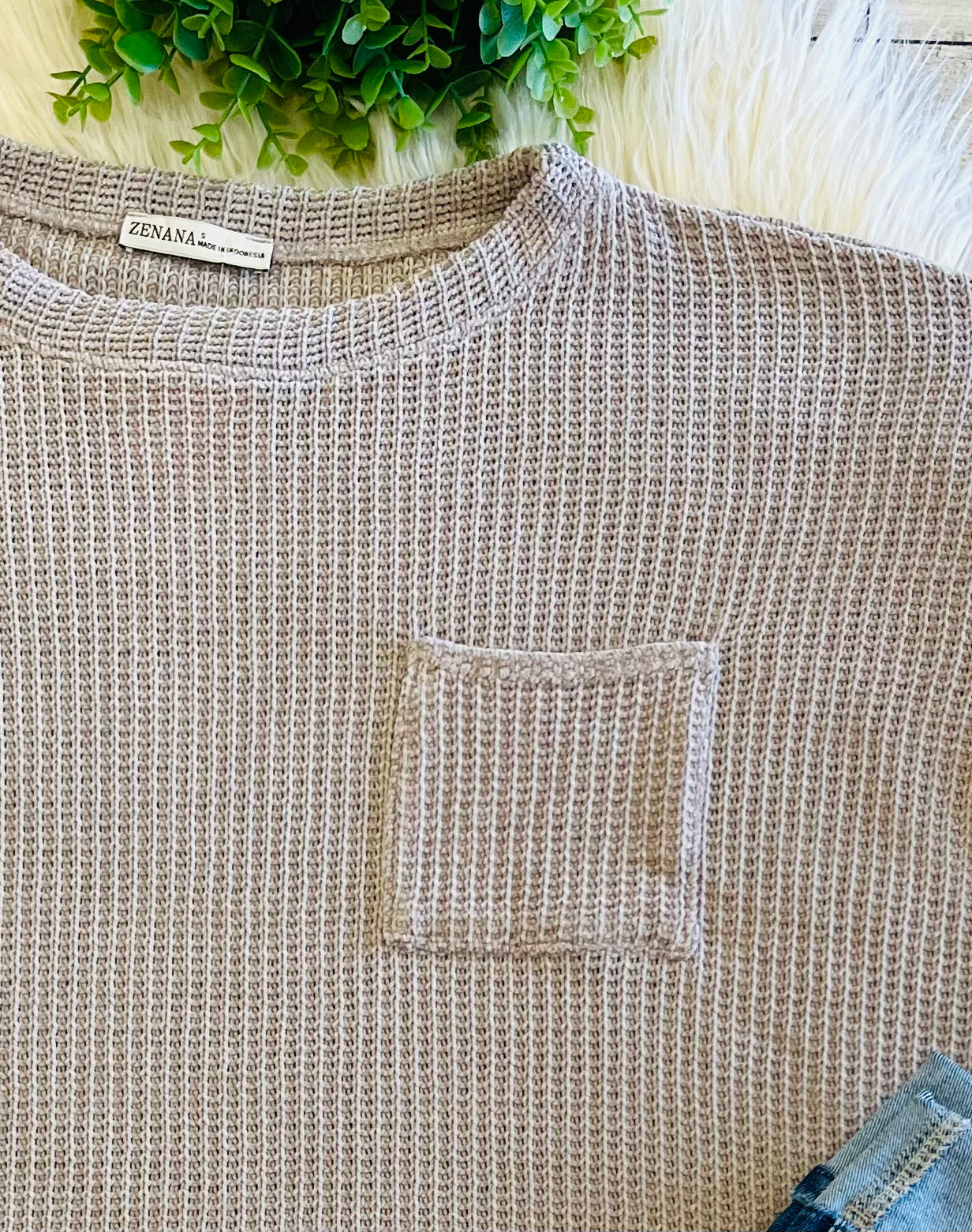 Women’s Zenana Soft Waffle Knit Pocket Top In Ash Mocha - Oversized
