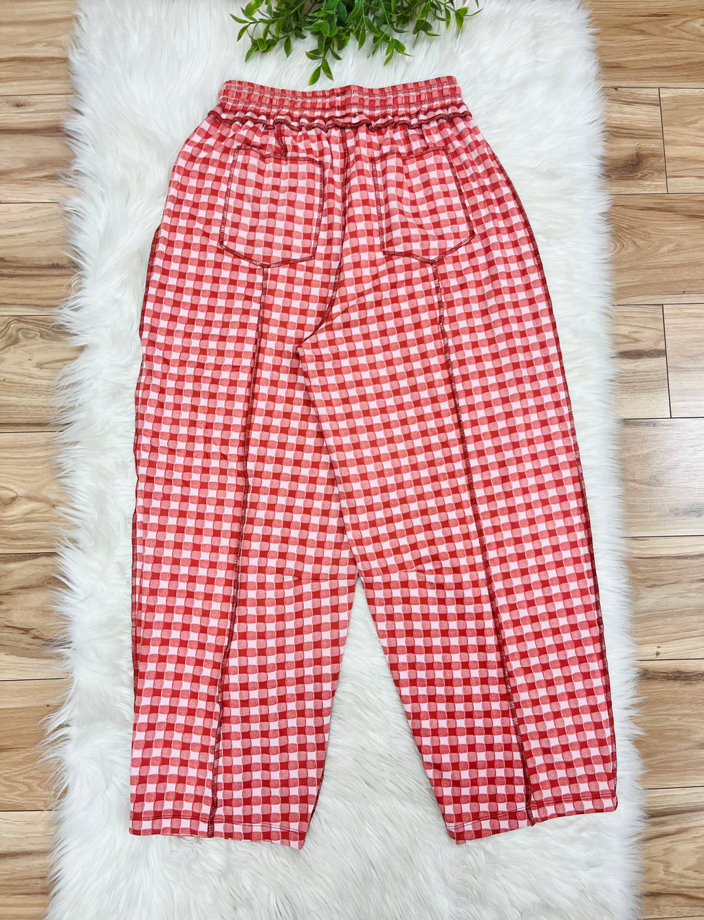 Women’s Anniewear Rust Red & Pink Check Barrel Knit Pants- True to Size