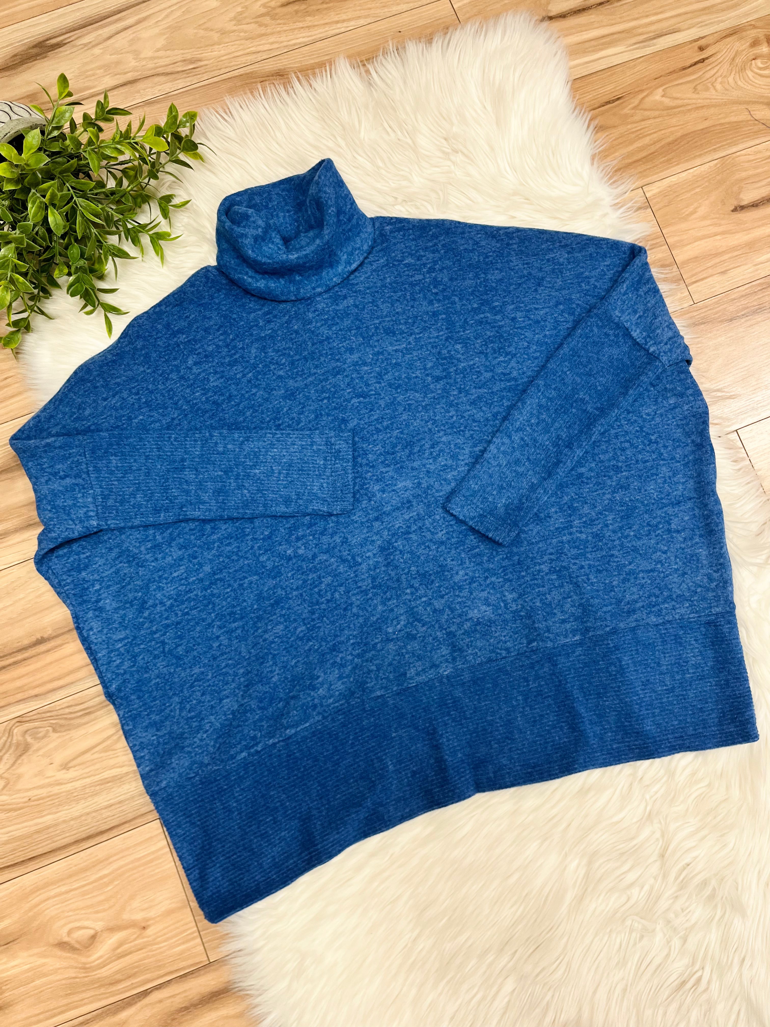 Women’s Zenana Blue Oversized Turtle Neck Sweater Top