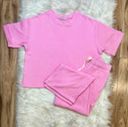 Women’s Ribbed Top and Drawstring Pant Set in Light Pink