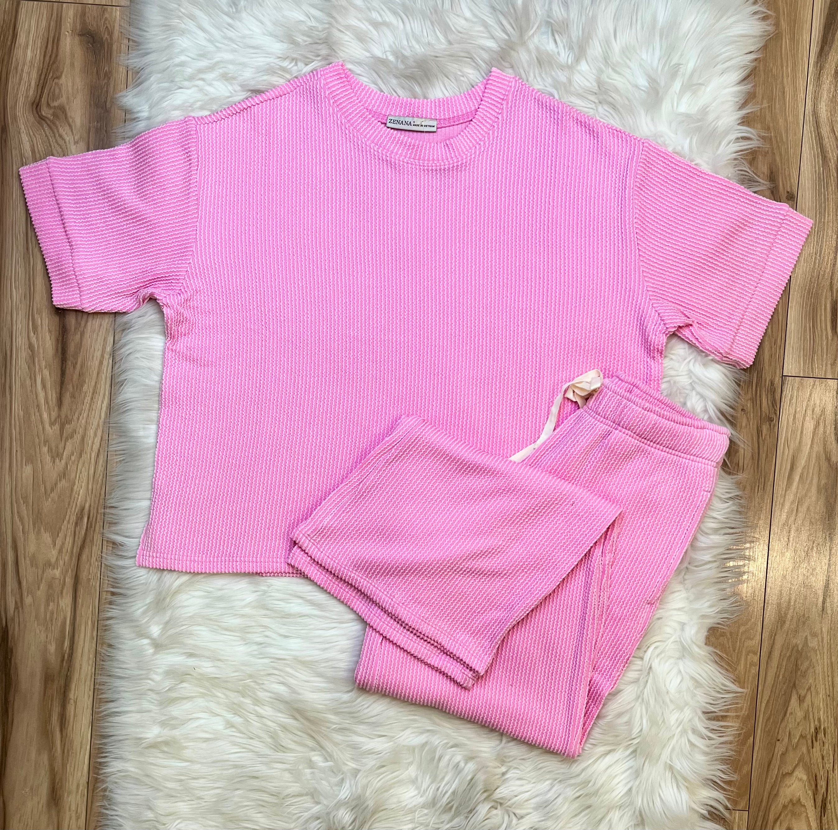 Women’s Ribbed Top and Drawstring Pant Set in Light Pink