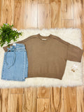 Women’s Taupe Exposed Seam Drop Shoulder Sweater Top by Blu Pepper- True to Size