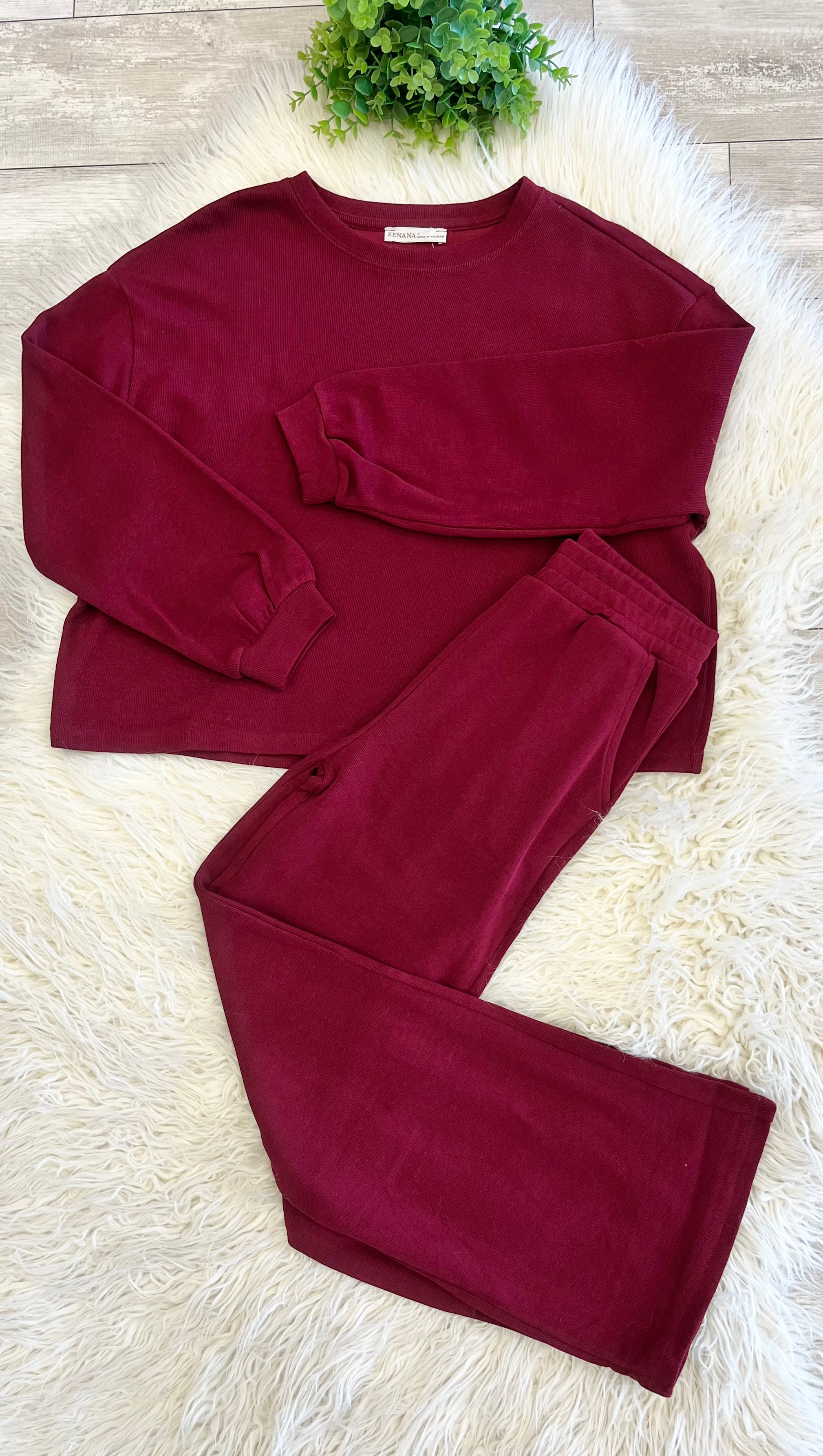 Women’s Zenana Burgundy Long Sleeve Two Piece Set - True to size