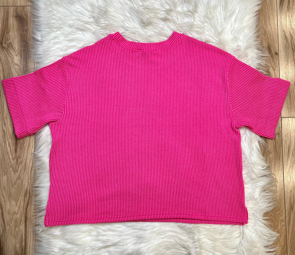 Women’s Ribbed Short Sleeve Drawstring Pants Set Hot Pink