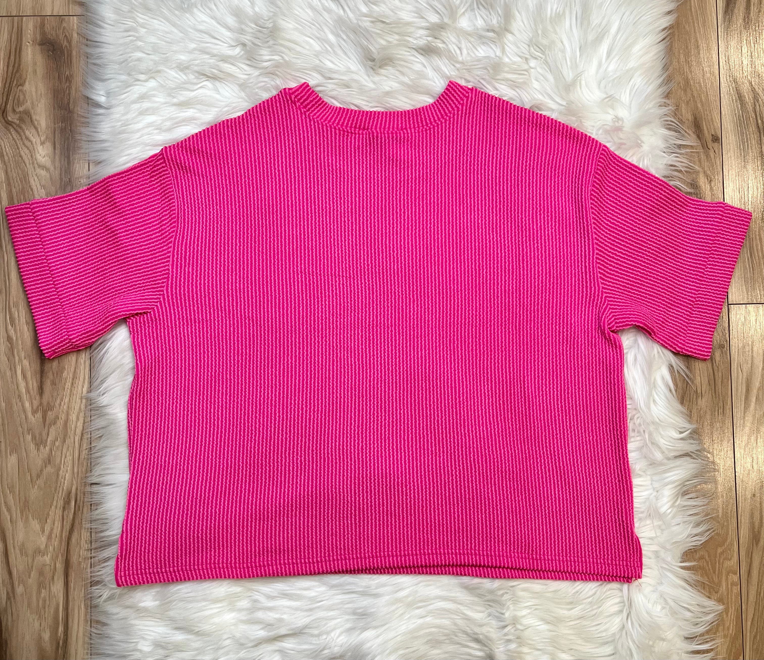Women’s Ribbed Short Sleeve Drawstring Pants Set Hot Pink