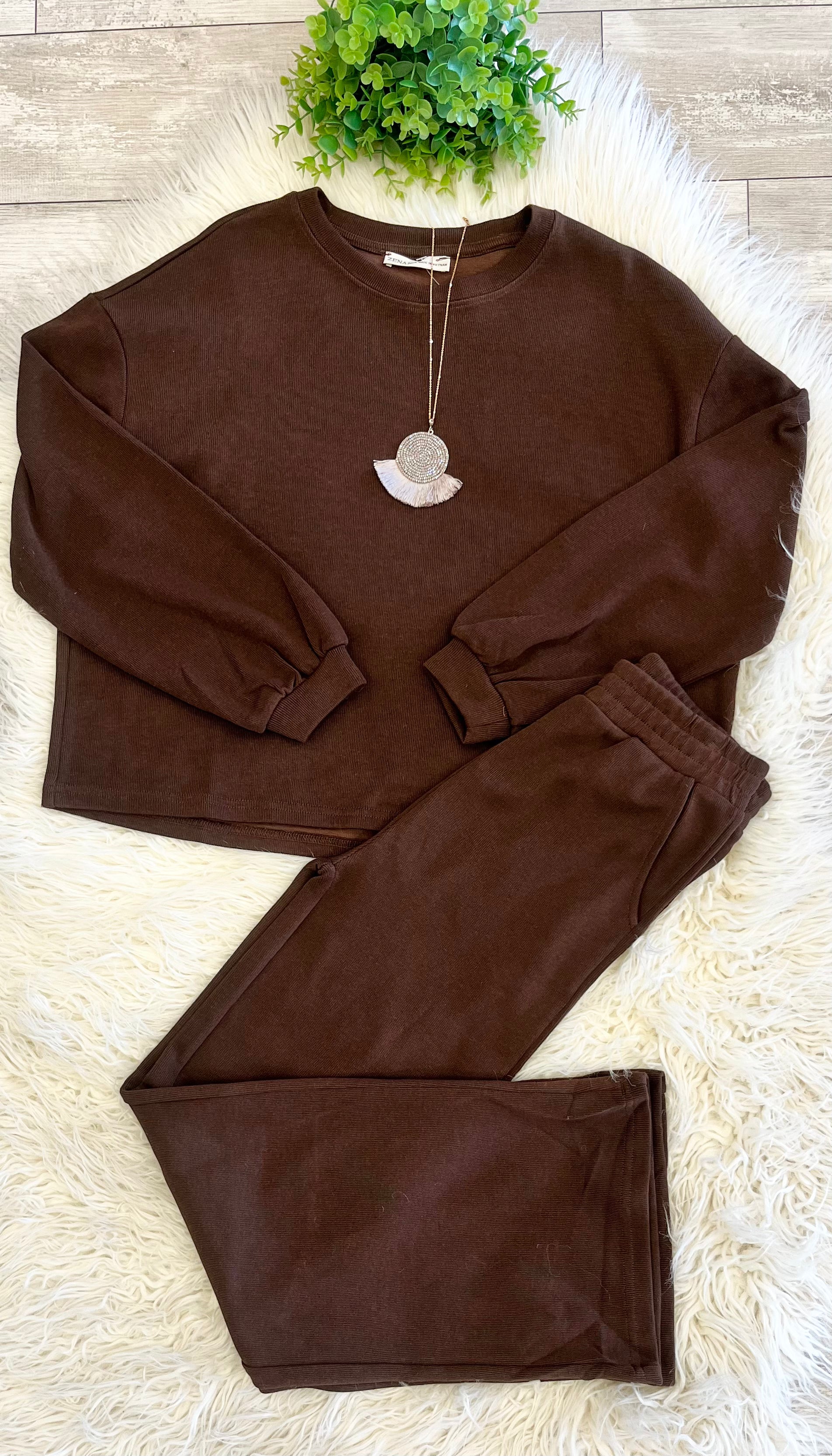 Women’s Zenana Chocolate Long Sleeve Two Piece Set - True to size