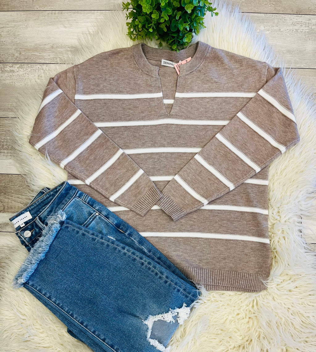 Women’s Zenana Trinity V-Neck Sweater In Light Mocha - True to Size