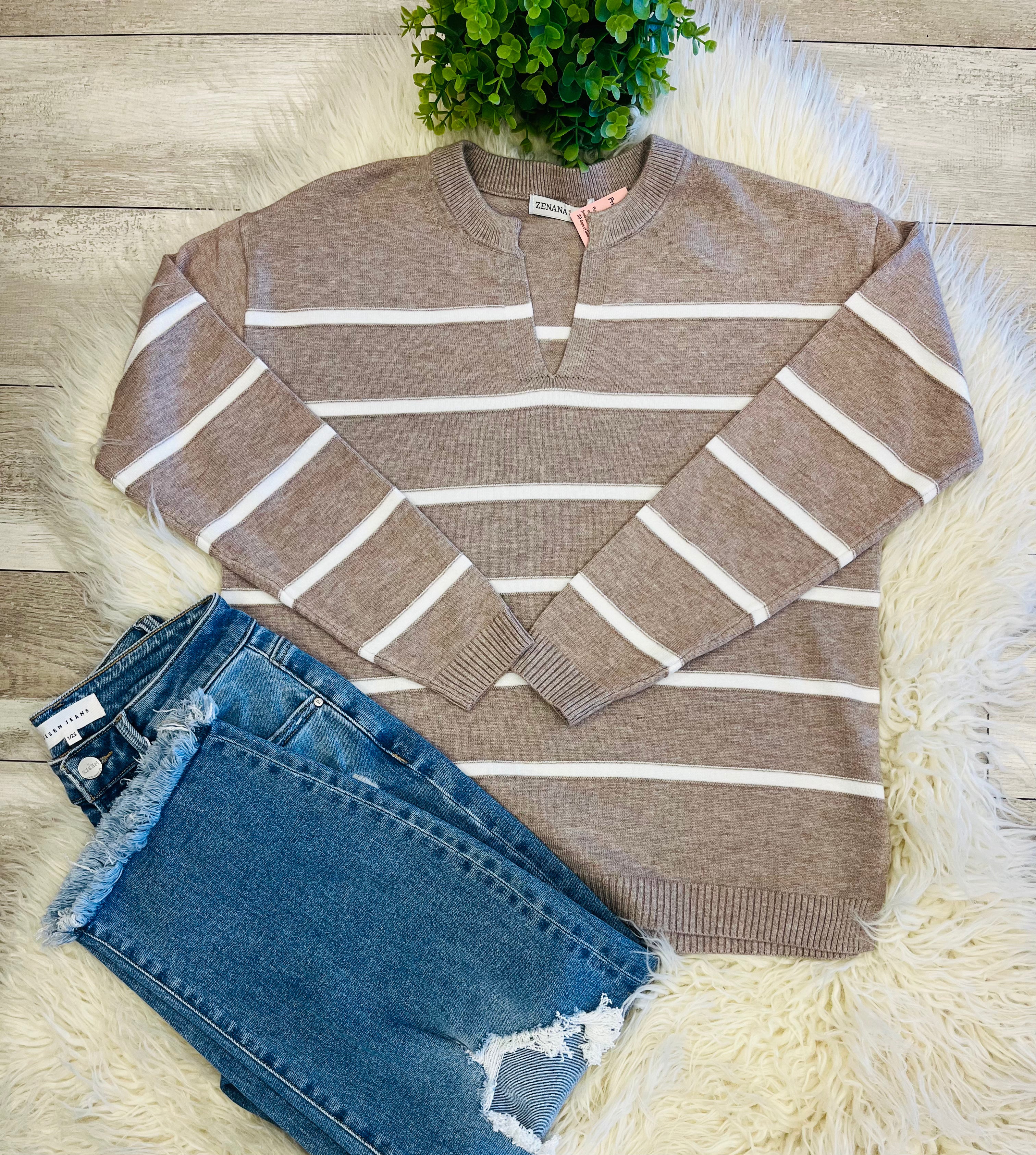 Women’s Zenana Trinity V-Neck Sweater In Light Mocha - True to Size