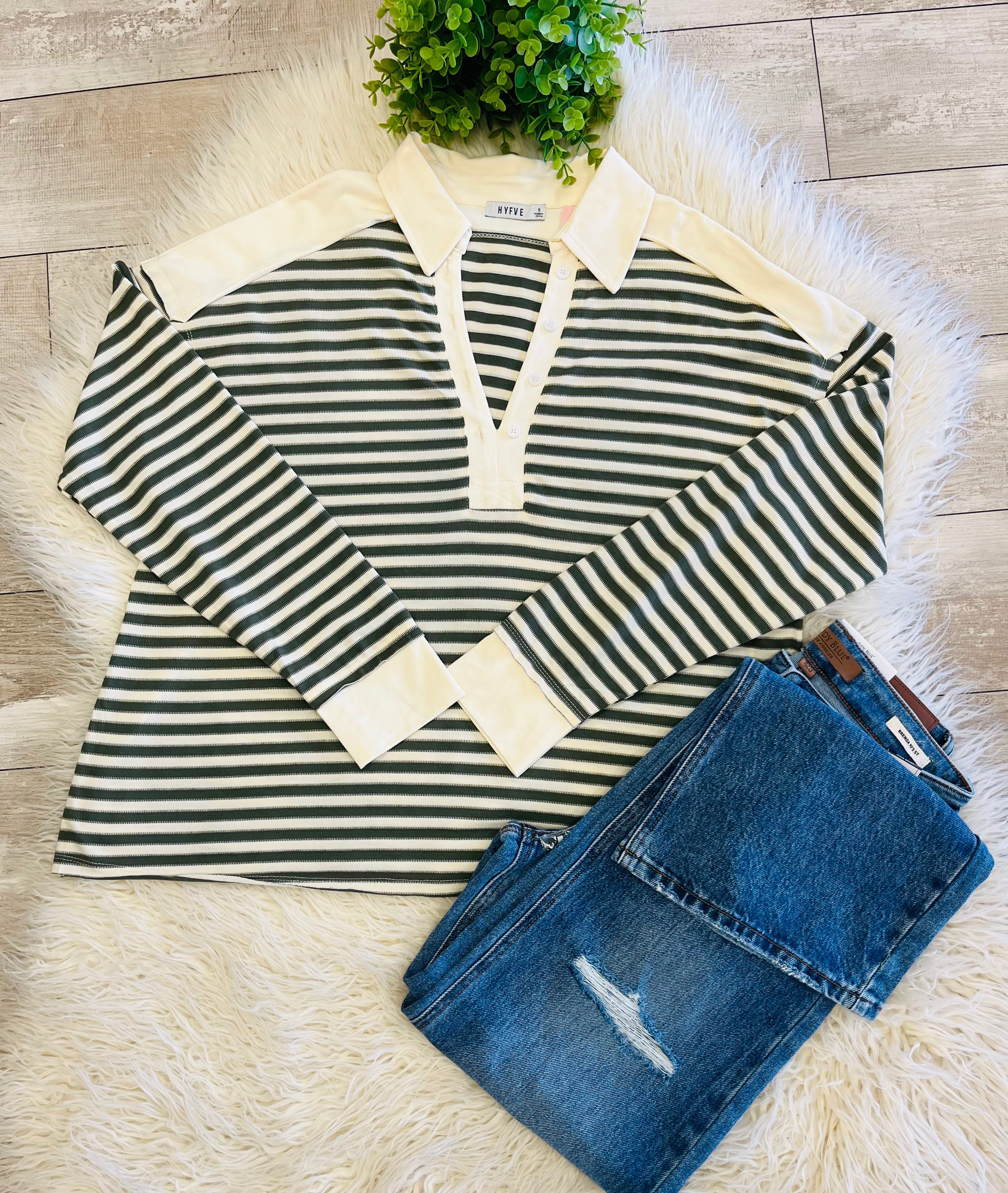 Women’s Olive & Grey Striped Henley Long Sleeve - True To Size