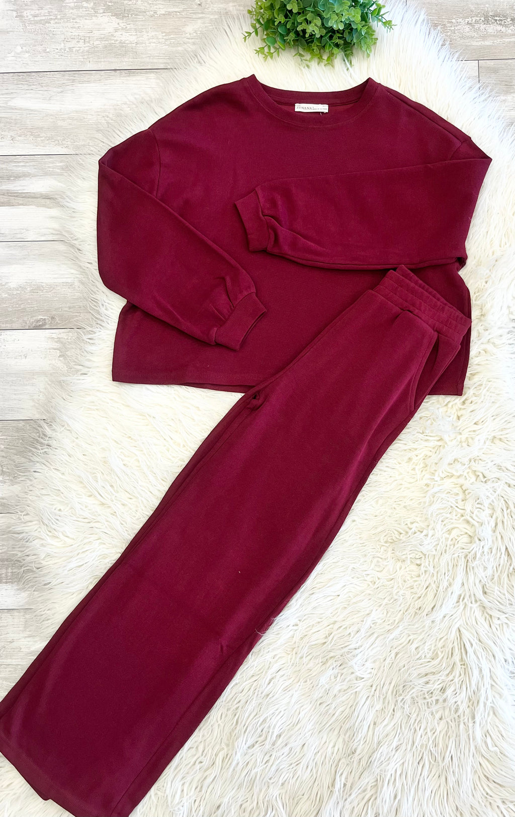 Women’s Zenana Burgundy Long Sleeve Two Piece Set - True to size