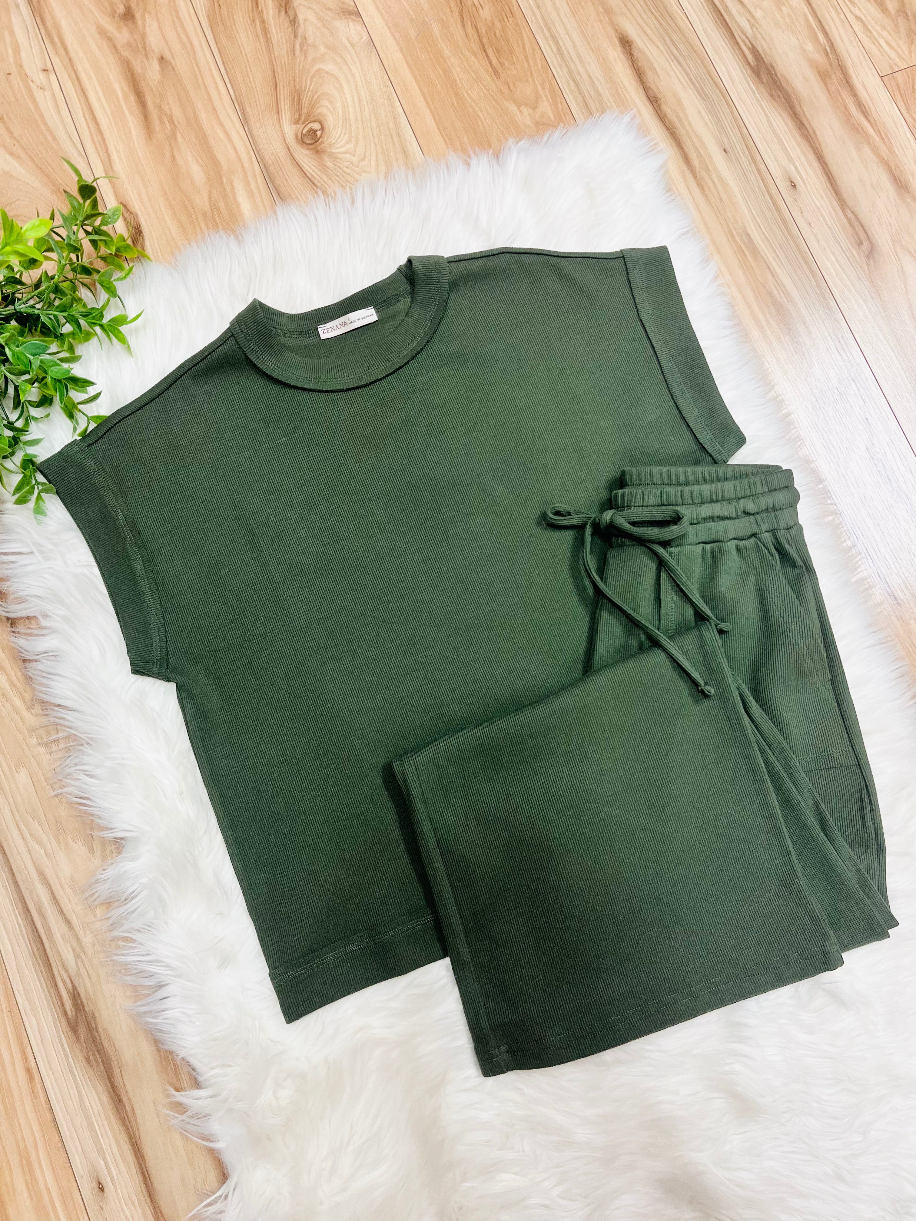 Women’s Zenana Olive Green Ribbed Cuff Sleeve Pant Set