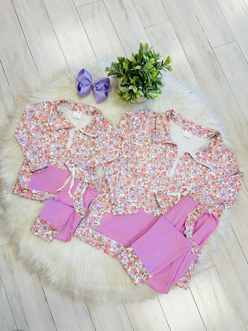 Girl’s Pink and Purple Floral Half Zip Pant Set