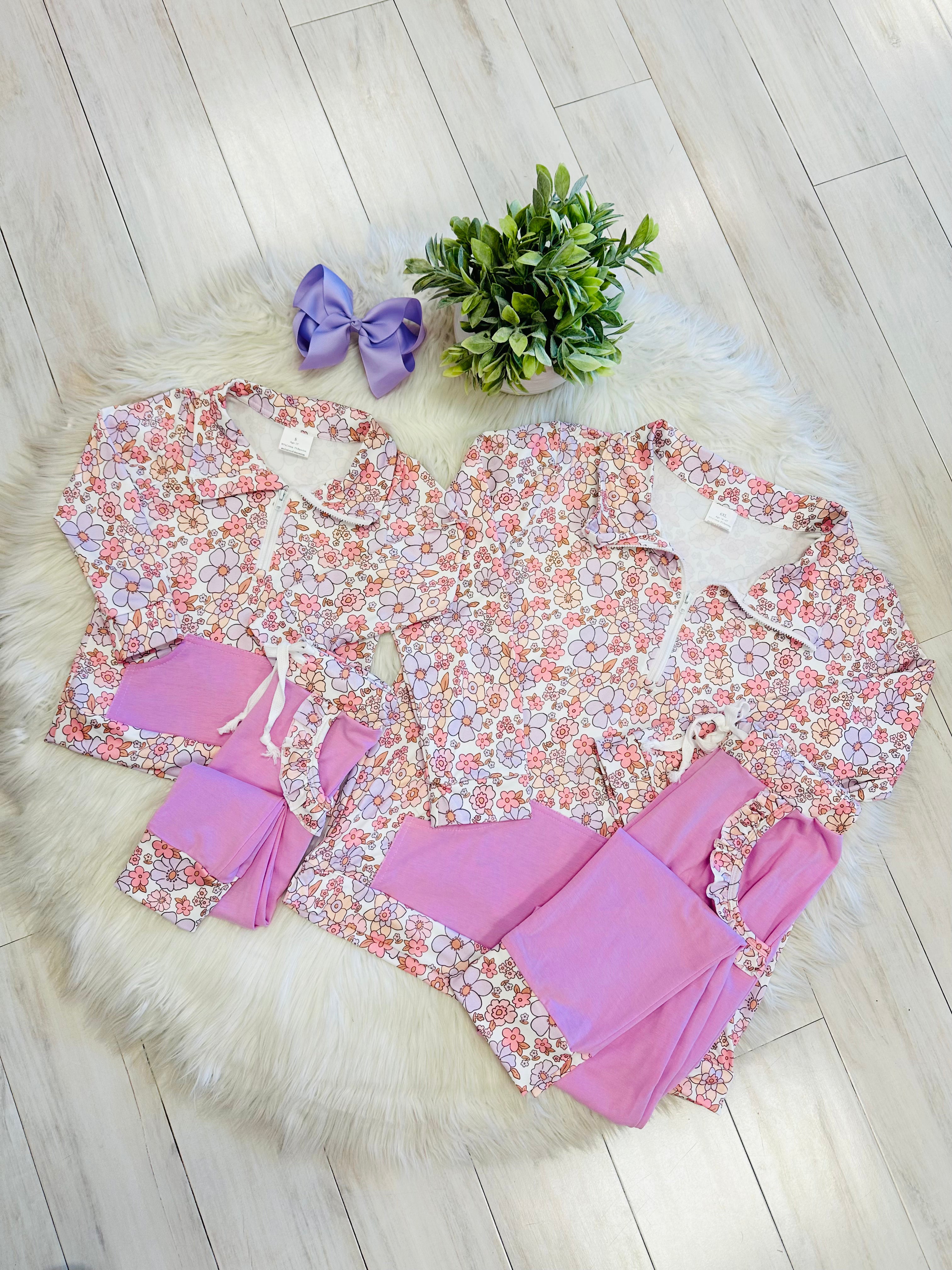 Girl’s Pink and Purple Floral Half Zip Pant Set