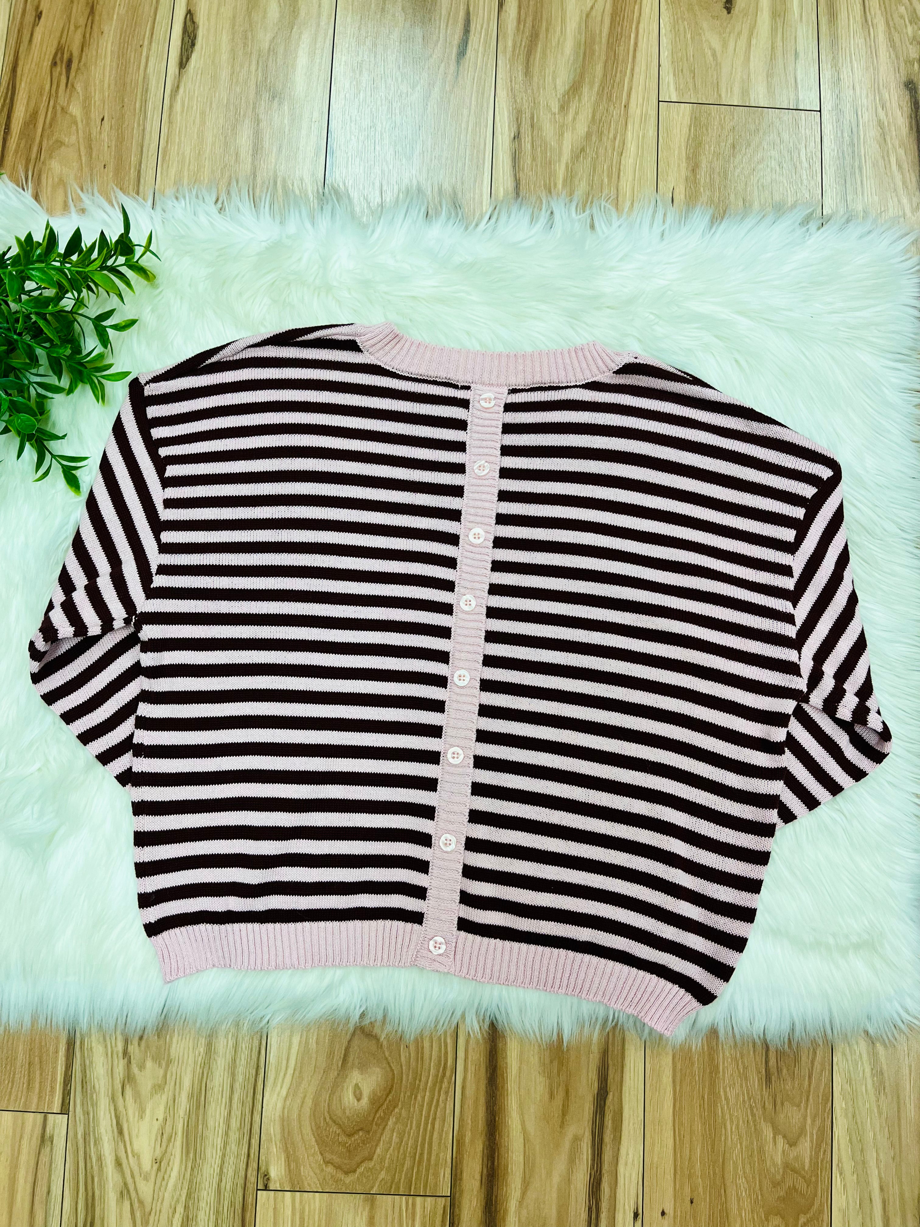 Women’s Stripe Light Pink & Burgundy Relaxed Sweater Top by Blu Pepper- Loose Fit