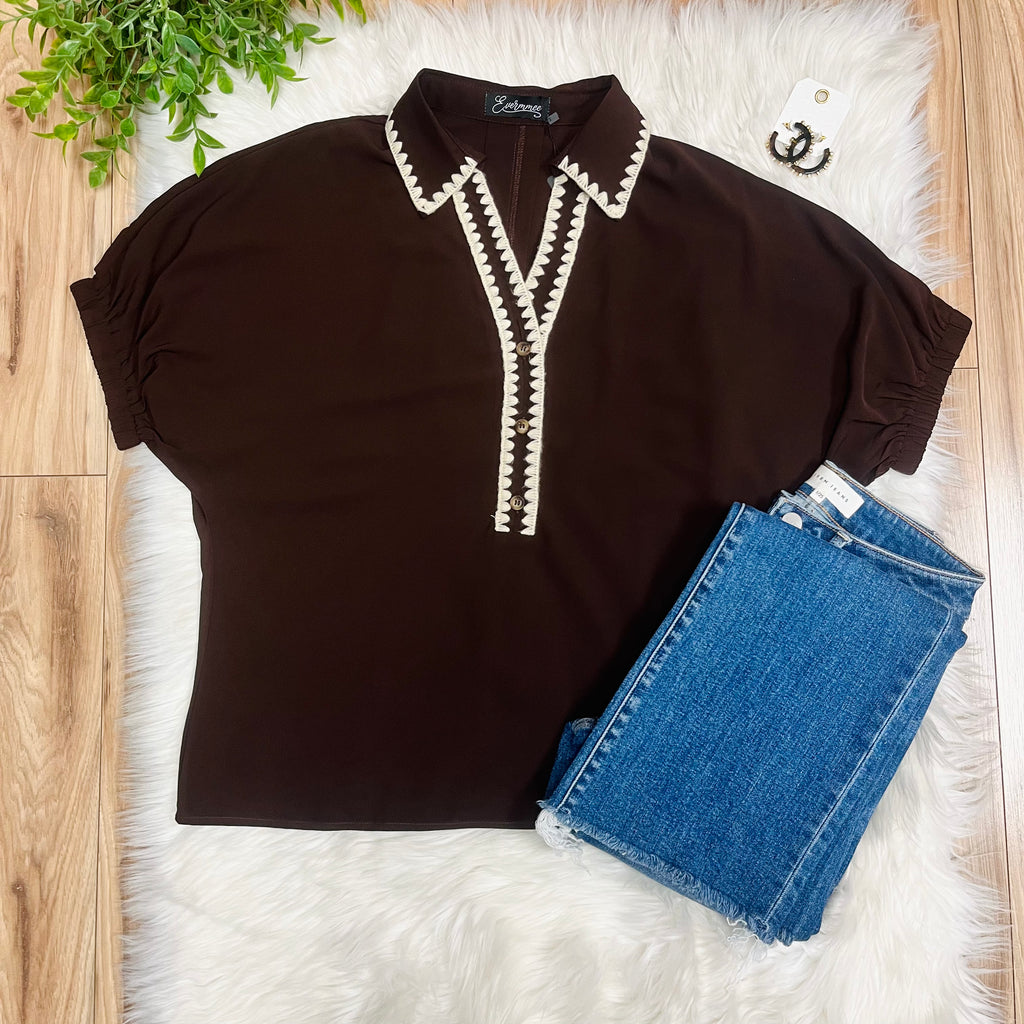 Women’s Evermmee Dark Brown Collared Top with Cream Stitching