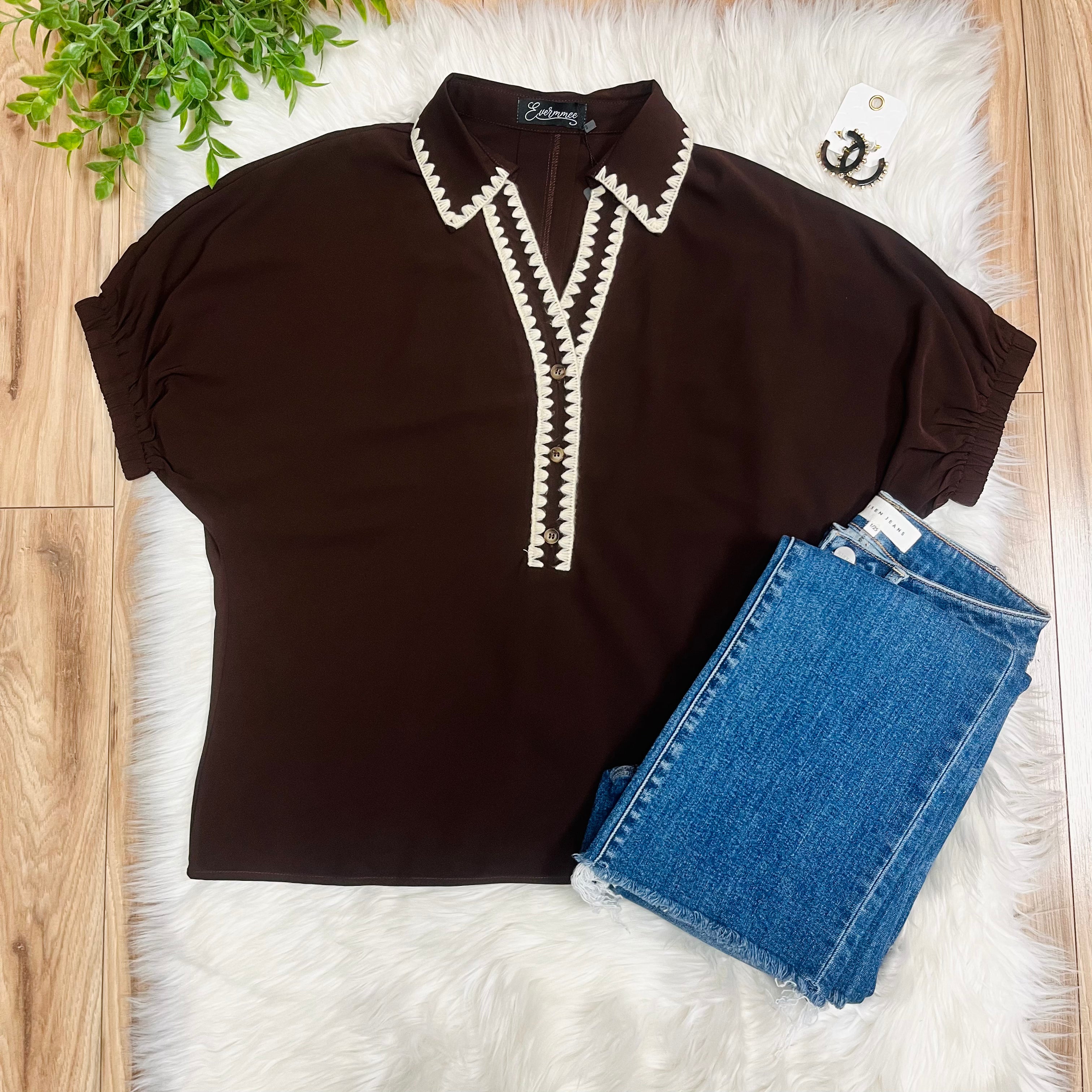 Women’s Evermmee Dark Brown Collared Top with Cream Stitching