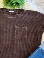 Women’s Zenana Soft Waffle Knit Pocket Top In Chocolate Brown - Oversized