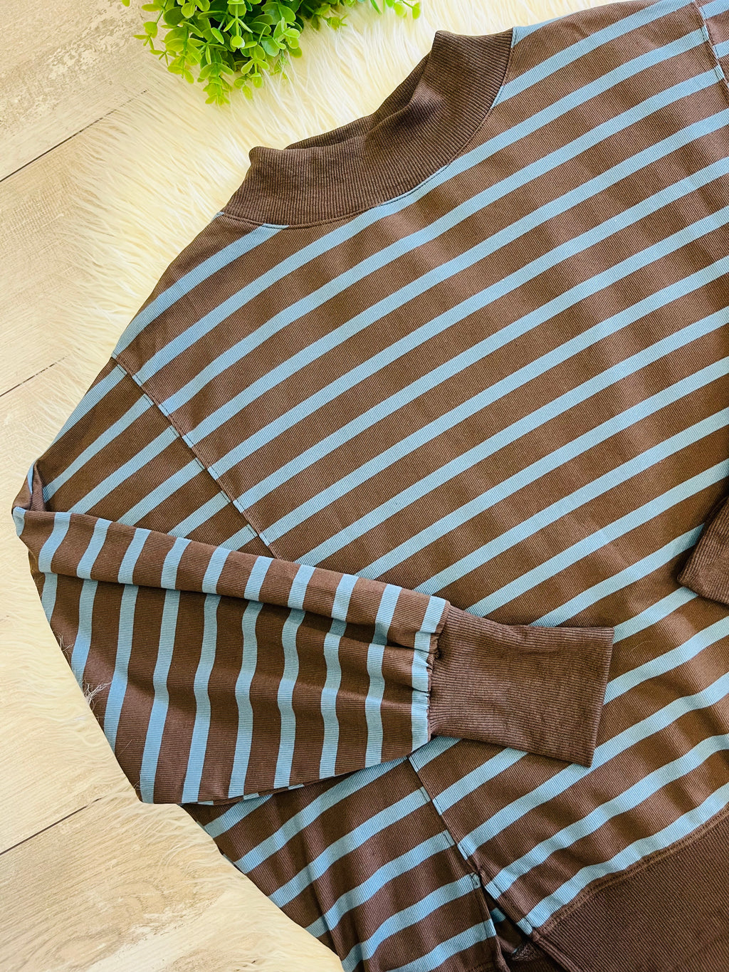 Women’s Blue/Brown Striped Mock Neck Long Sleeve - Oversized fit