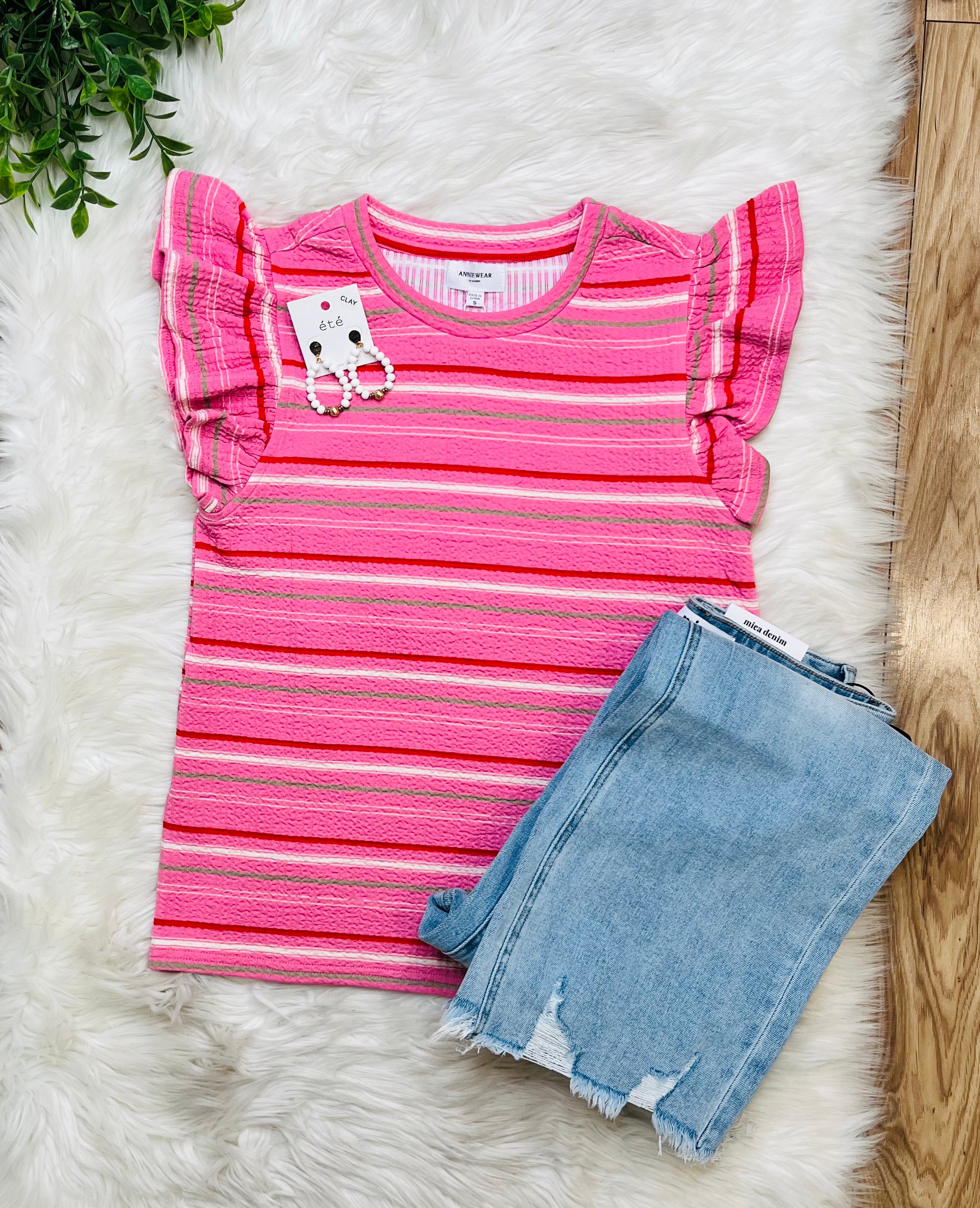 Women’s Multi Stripe Ruffle Sleeve Textured Top