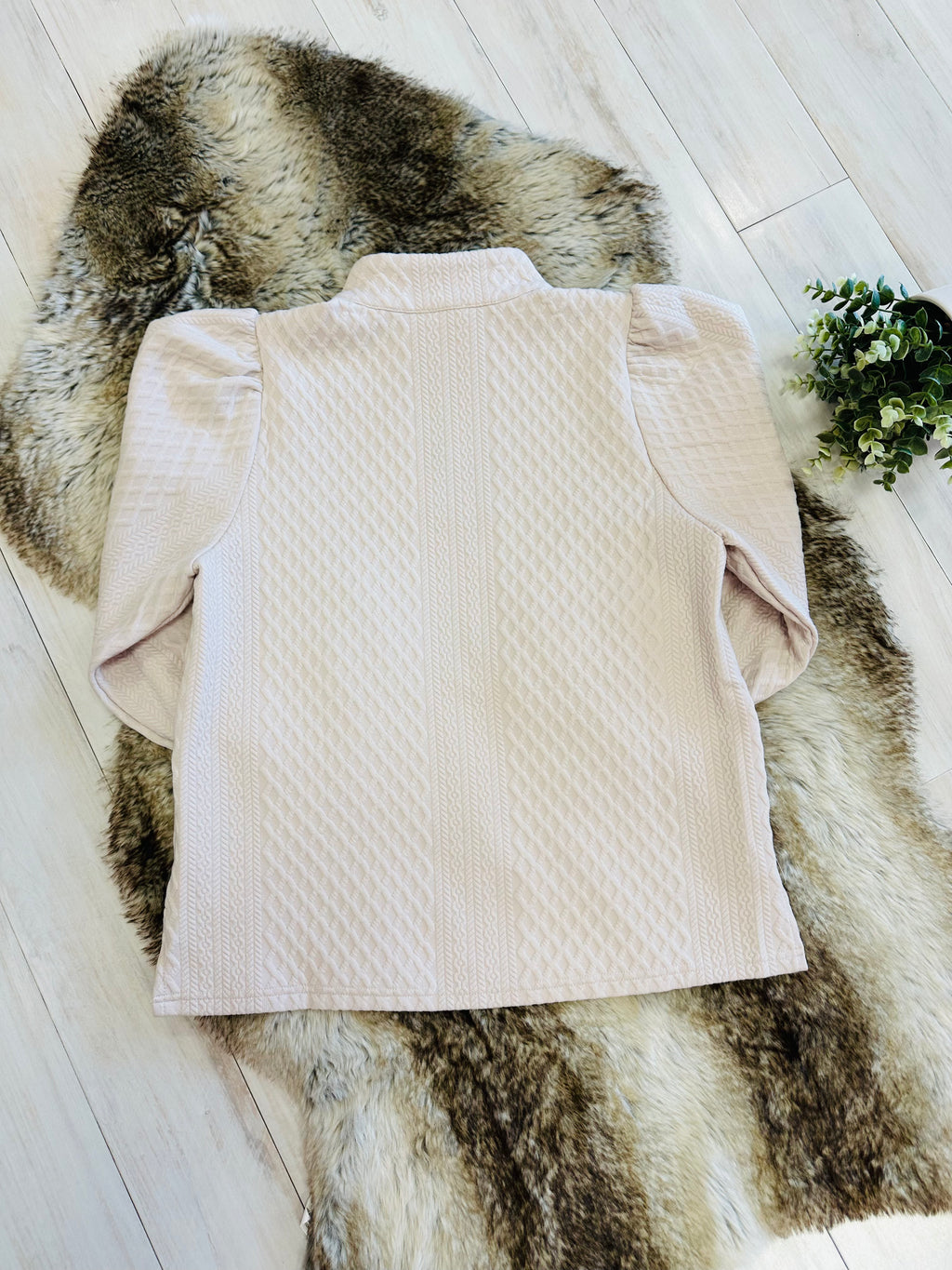 Women’s Beige Textured Quarter Zip Long Sleeve Top by Jodifl- True to Size