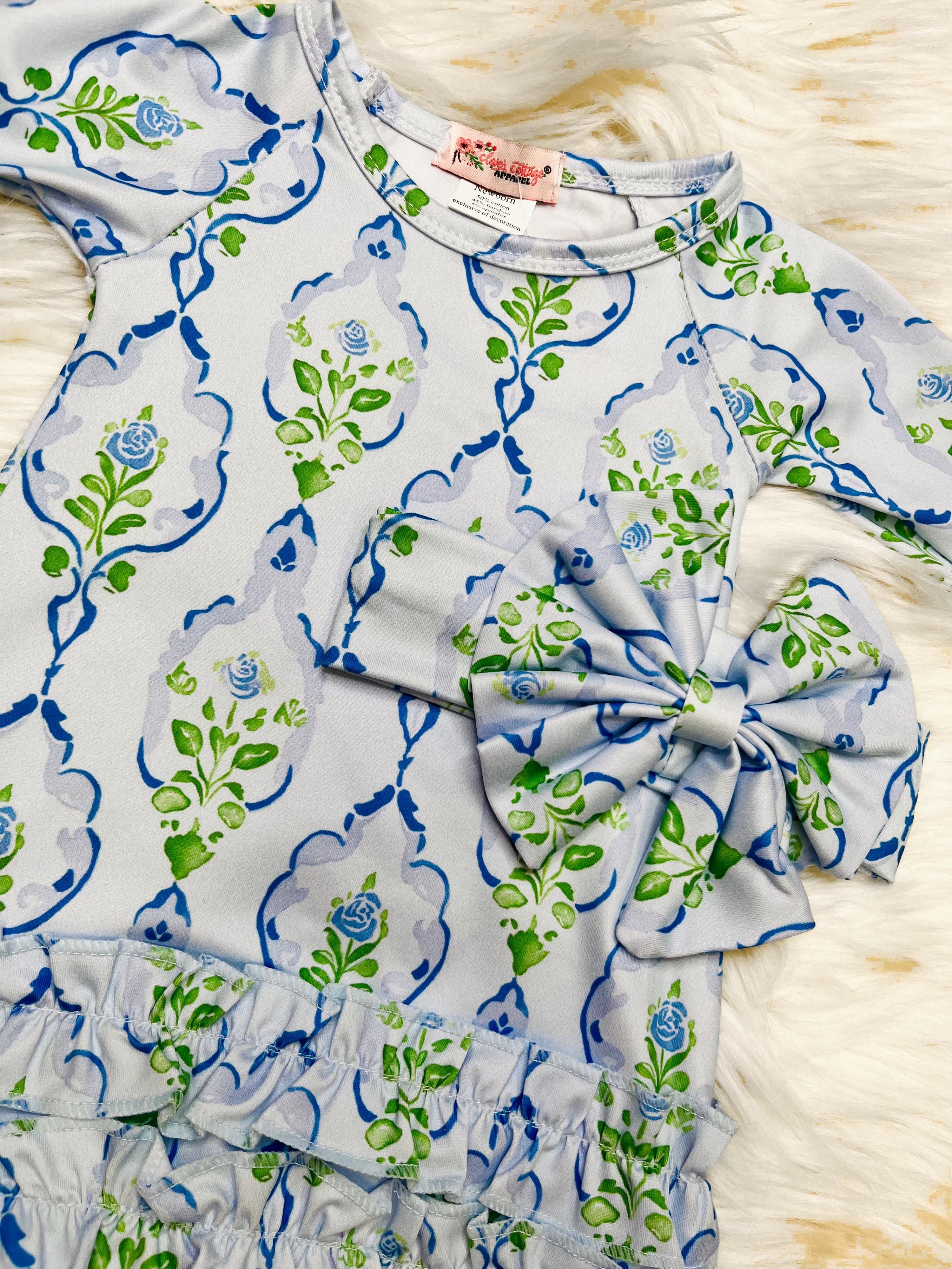 Girl’s Clover Cottage Blue Frame Newborn Gown and Bow Set