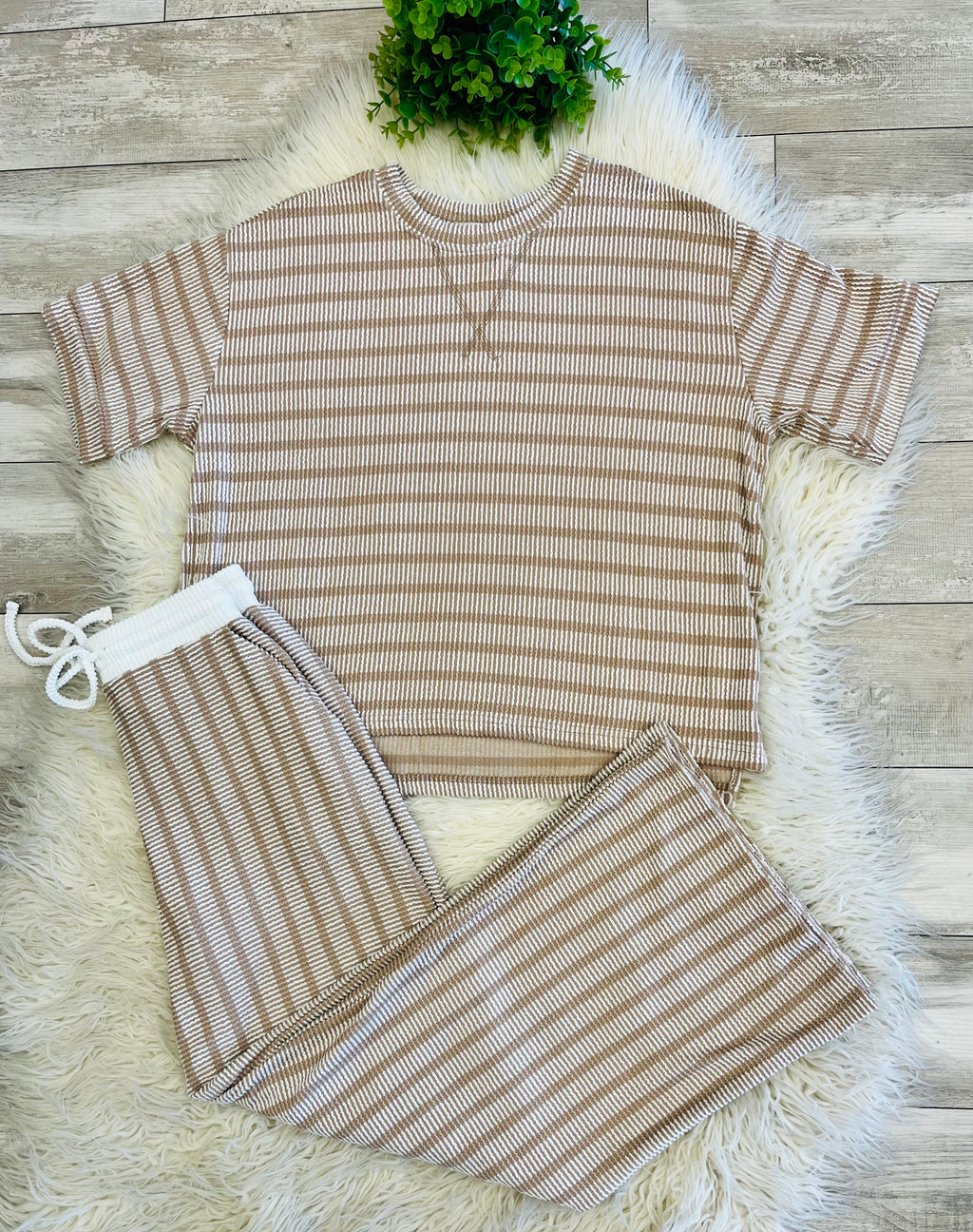 Women’s Zenana Beige Ribbed Drop - Shoulder Two Piece Set