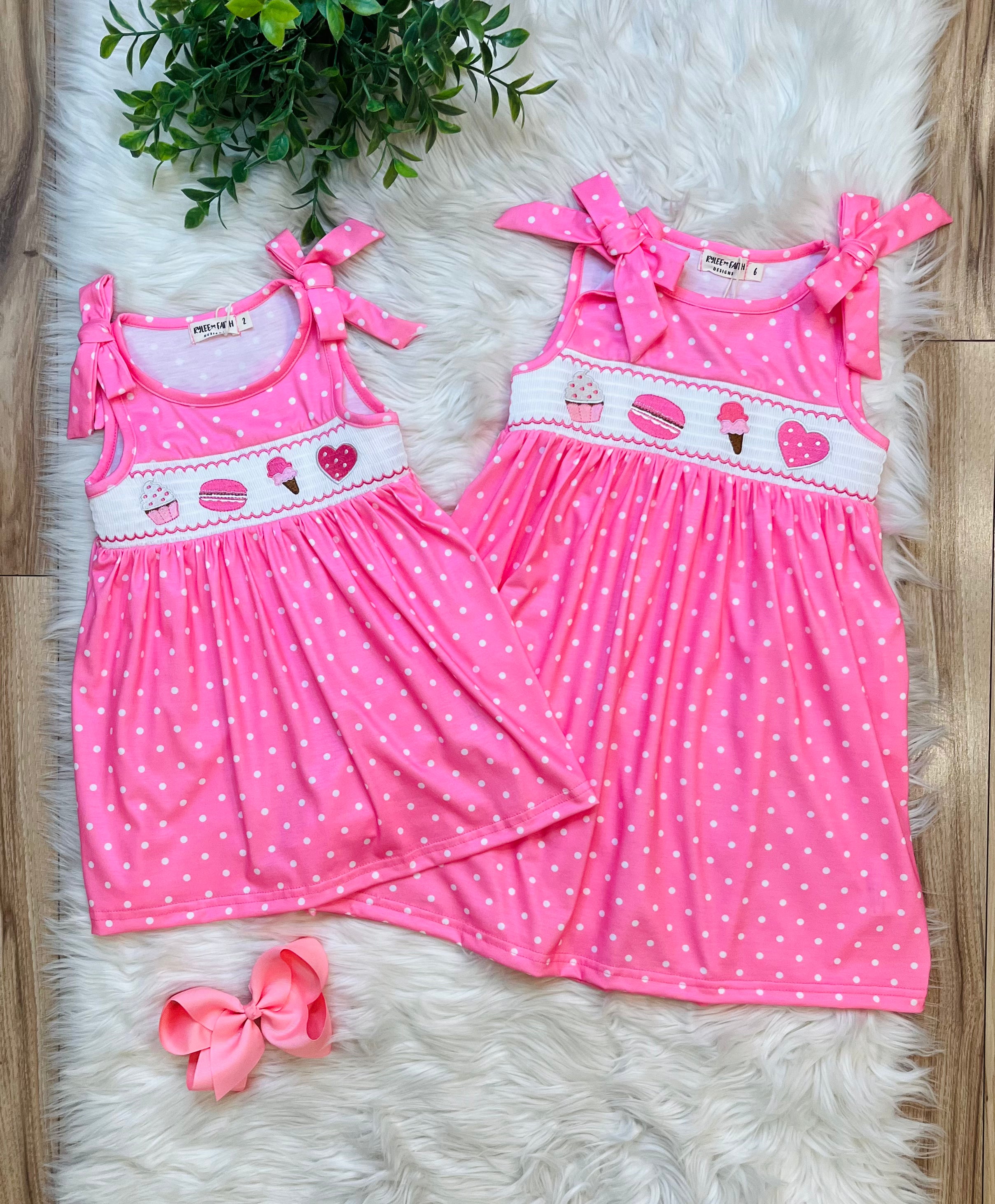 Girls Pink Polka Dot Smocked Summer Dessert Dress