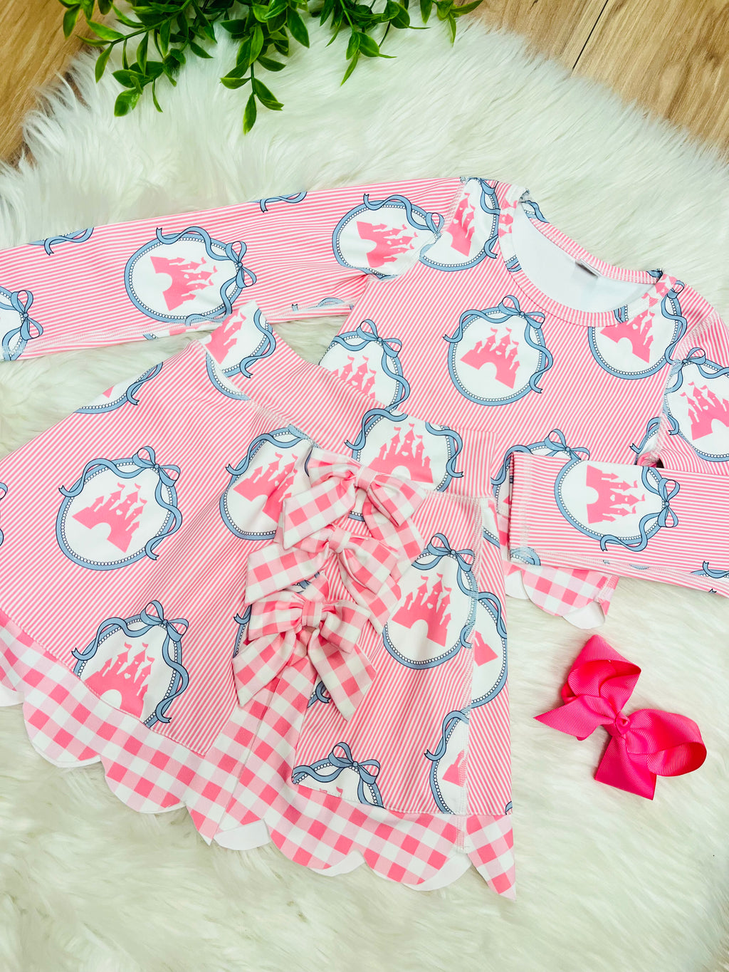 Girl’s Pink Striped Princess Skort Outfit Set with Scalloped Trim