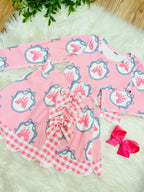Girl’s Pink Striped Princess Skort Outfit Set with Scalloped Trim