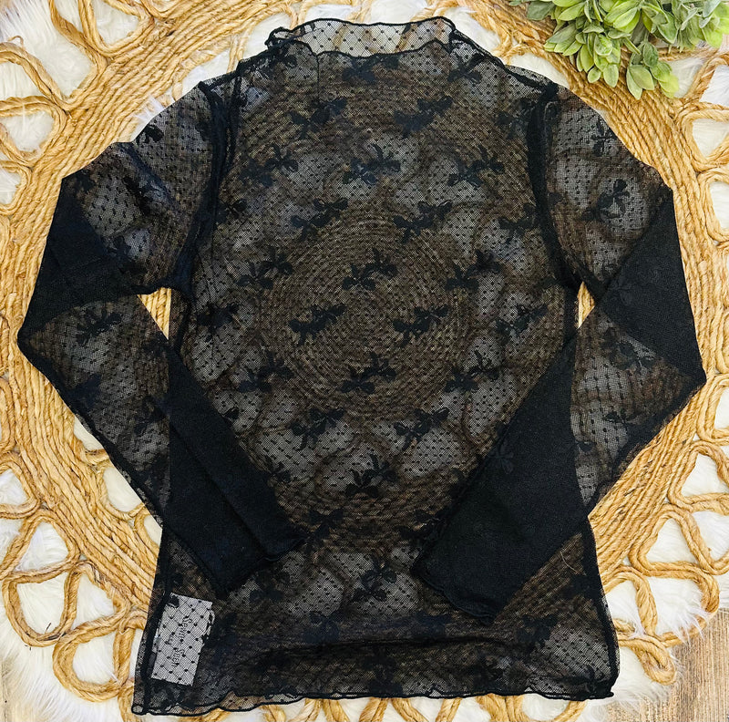 Sewn + Seen Black Bow Print Long Sleeve Lace Top