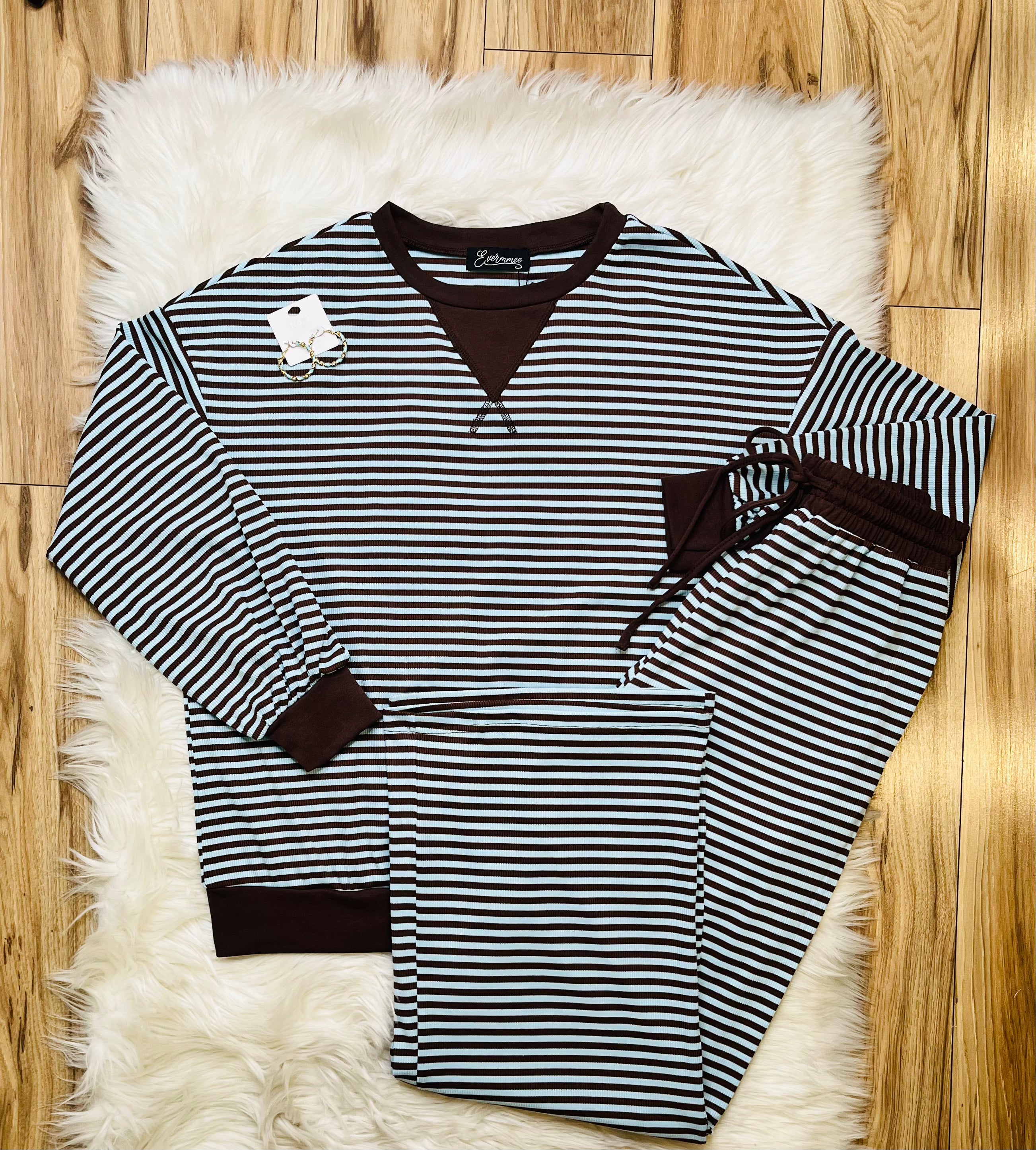 Women’s Evermmee Brown and Blue Stripe Set