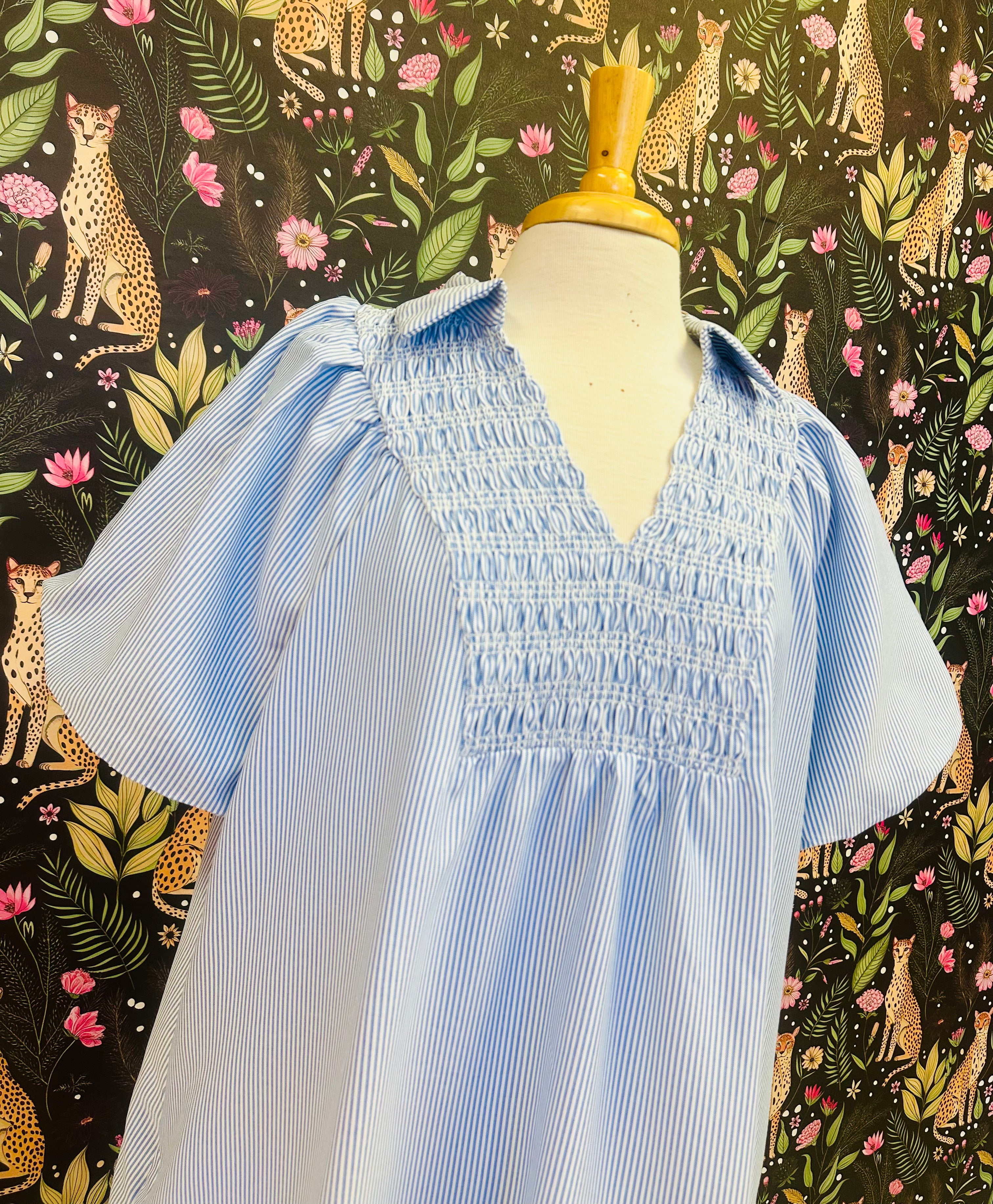 Women’s Evermmee Curvy Blue and White Stripe Collared Dress with Puff Sleeves