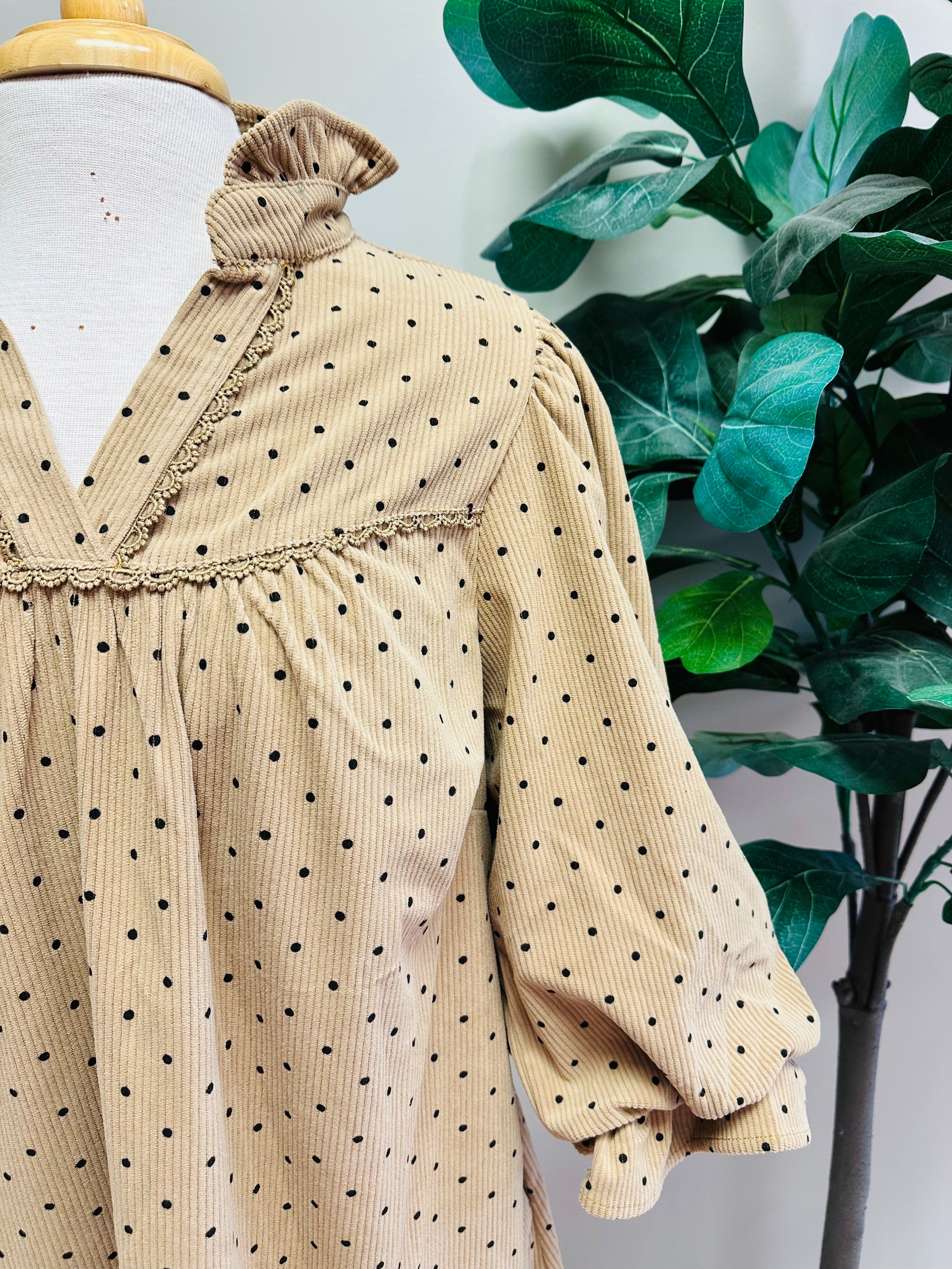 Women’s Umgee Mocha Polka Dot  Dress with Ruffled Collar