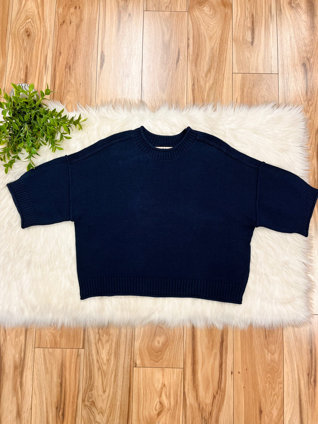Women’s Navy Exposed Seam Drop Shoulder Sweater Top by Blu Pepper- True to Size